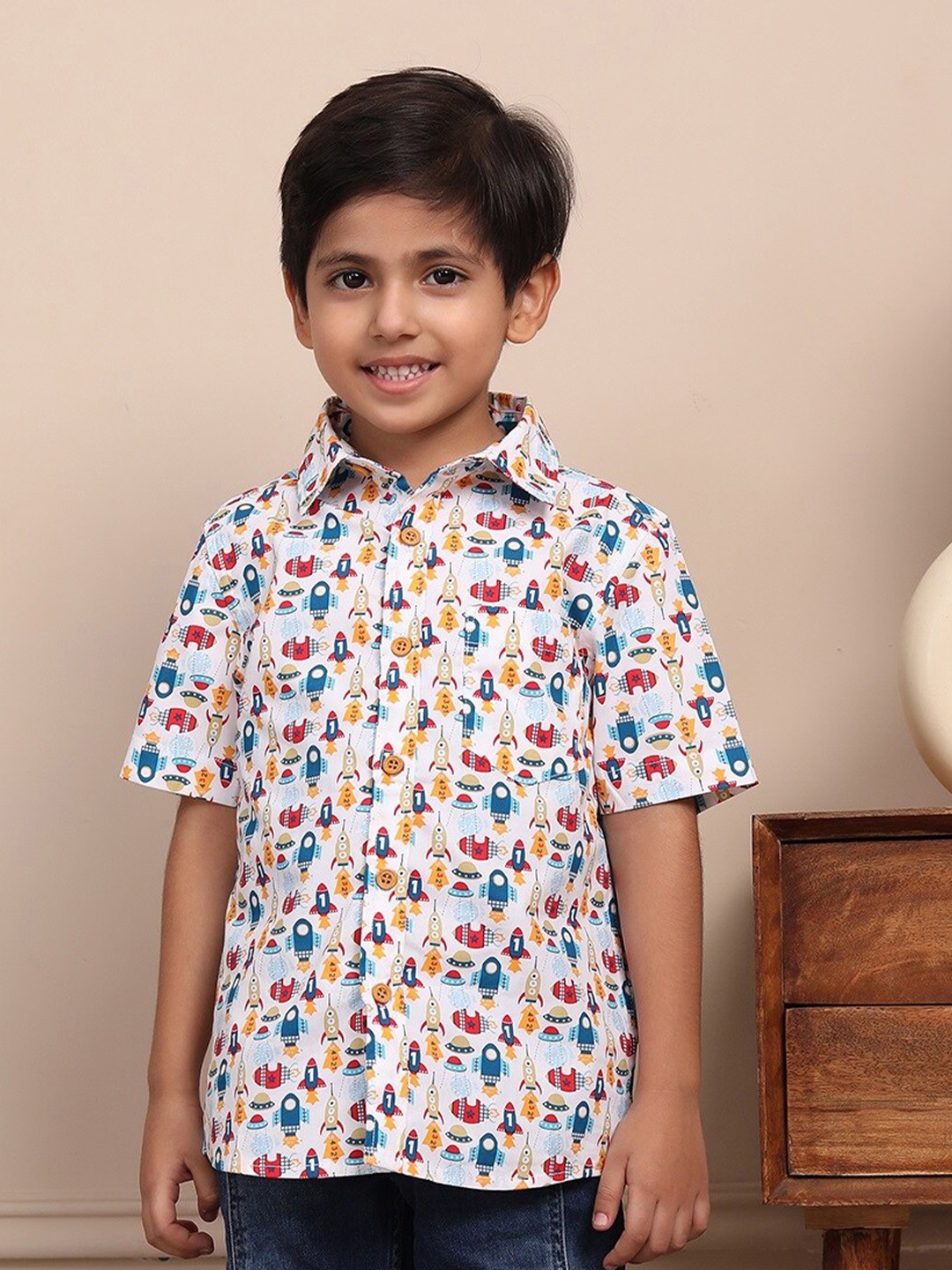 

Biglilpeople Boys Conversational Printed Cotton Casual Shirt, White