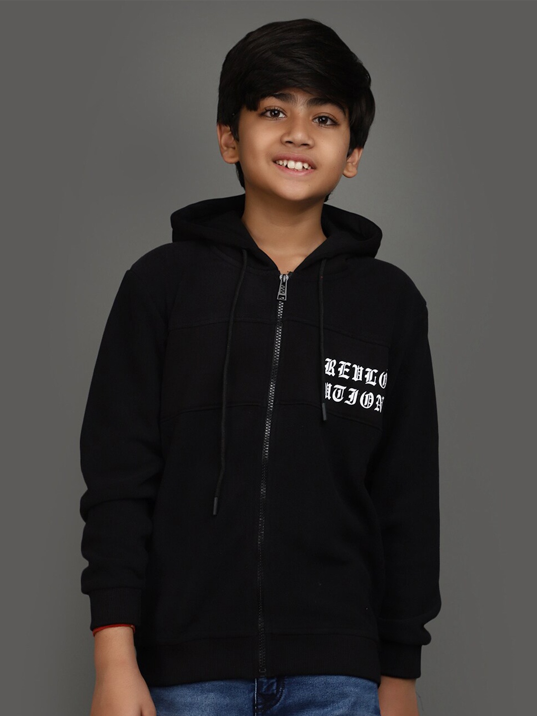 

V-Mart Boys Typography Printed Hooded Sweatshirt, Black