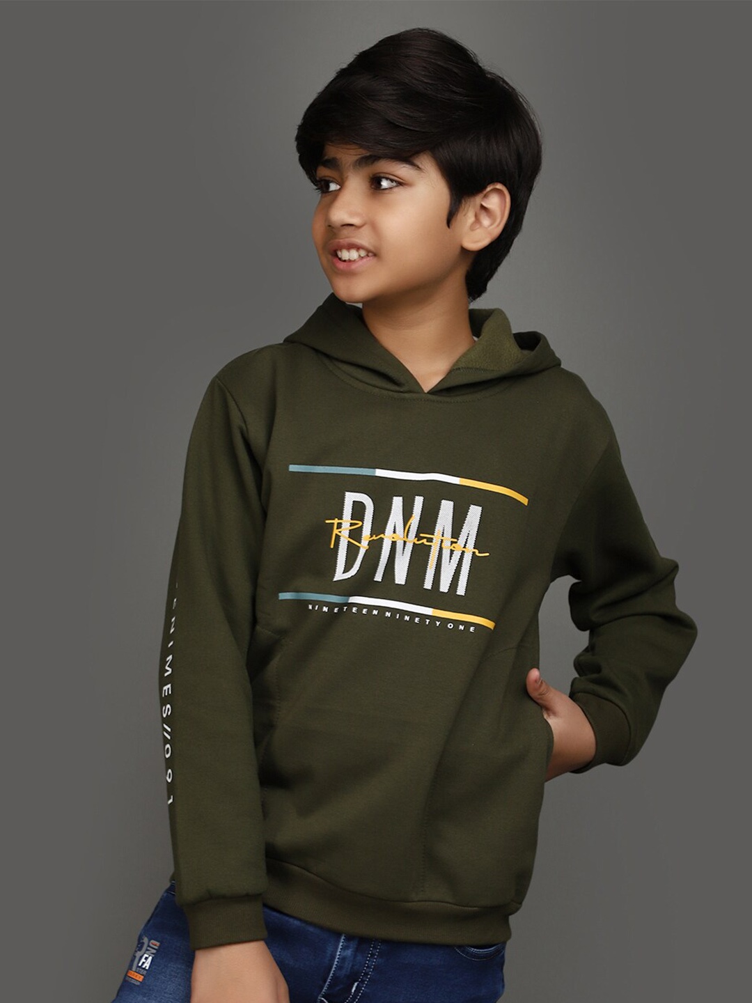 

V-Mart Boys Typography Printed Hooded Long Sleeves Cotton Pullover Sweatshirt, Green