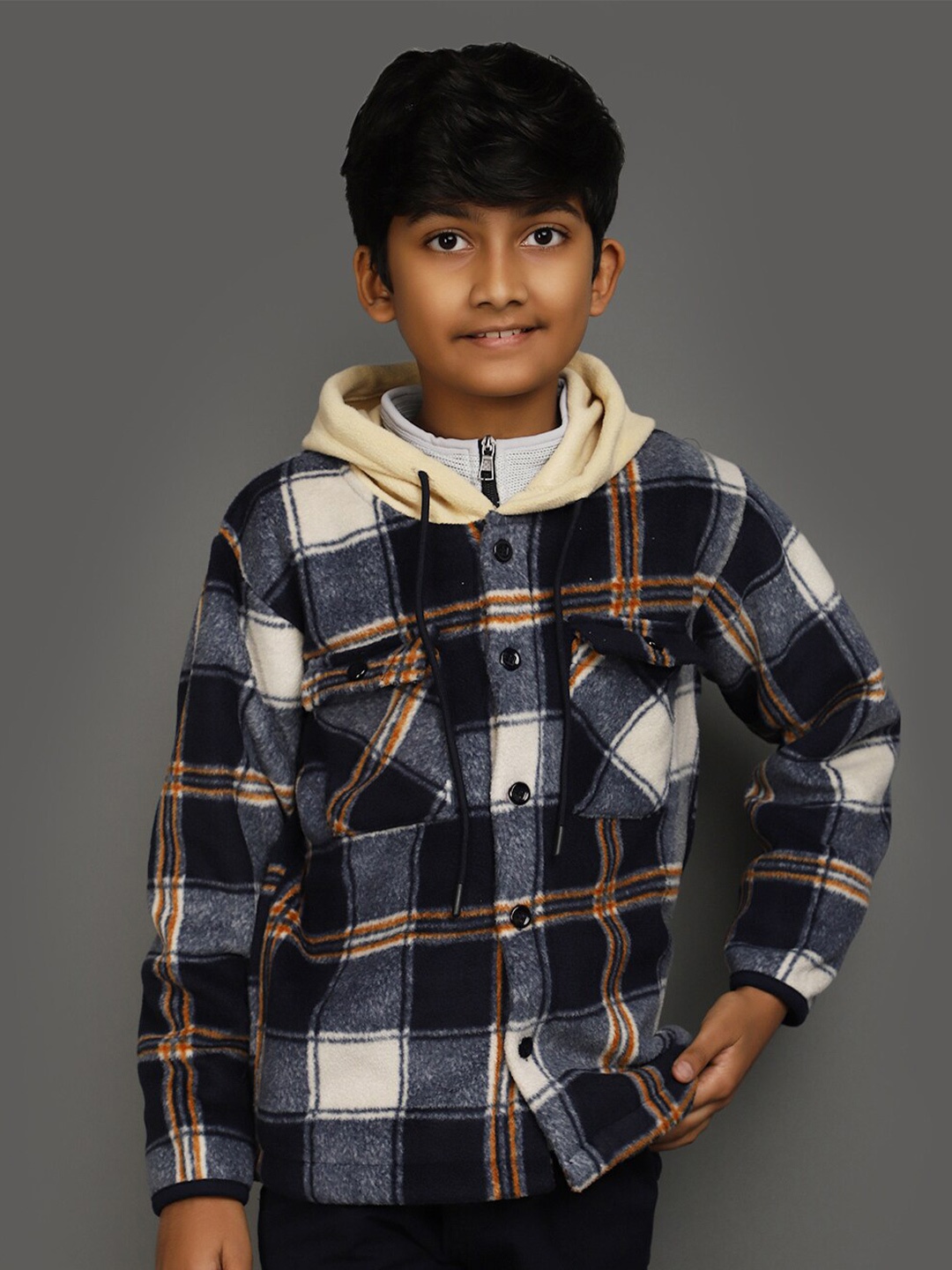 

V-Mart Boys Checked Hooded Cotton Front Open Sweatshirt, Navy blue