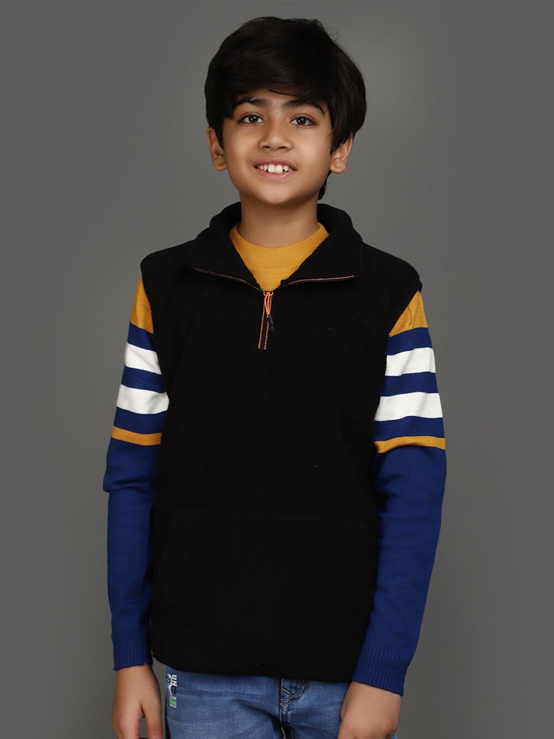 

V-Mart Boys Striped Cotton Fleece Pullover, Black