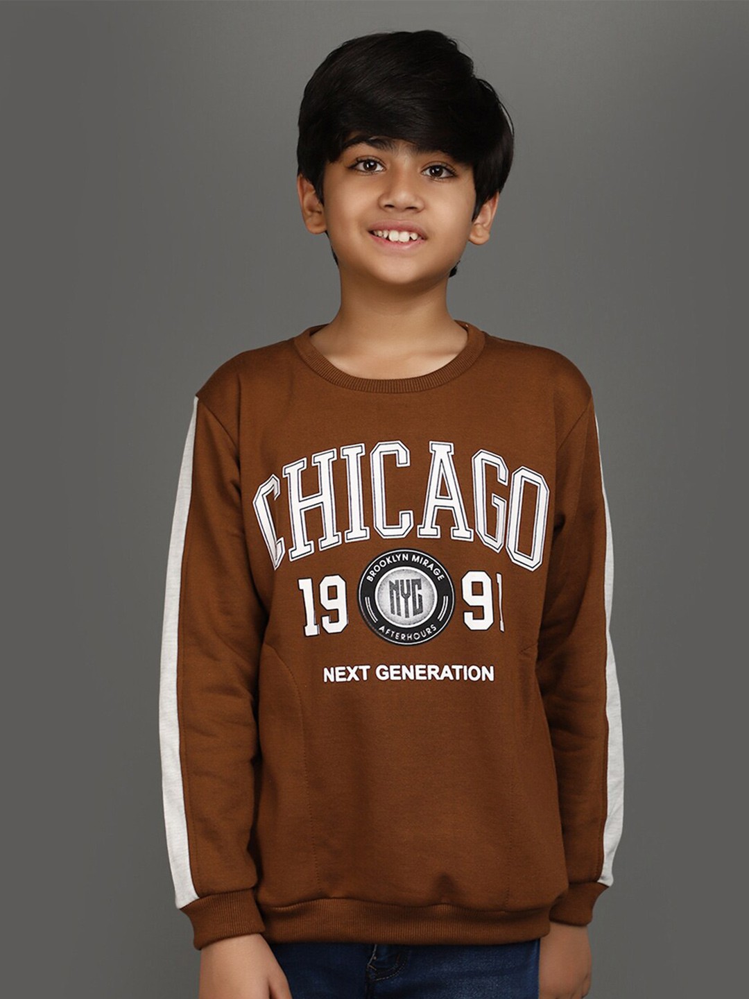 

V-Mart Boys Typography Printed Cotton Fleece Pullover Sweatshirt, Brown
