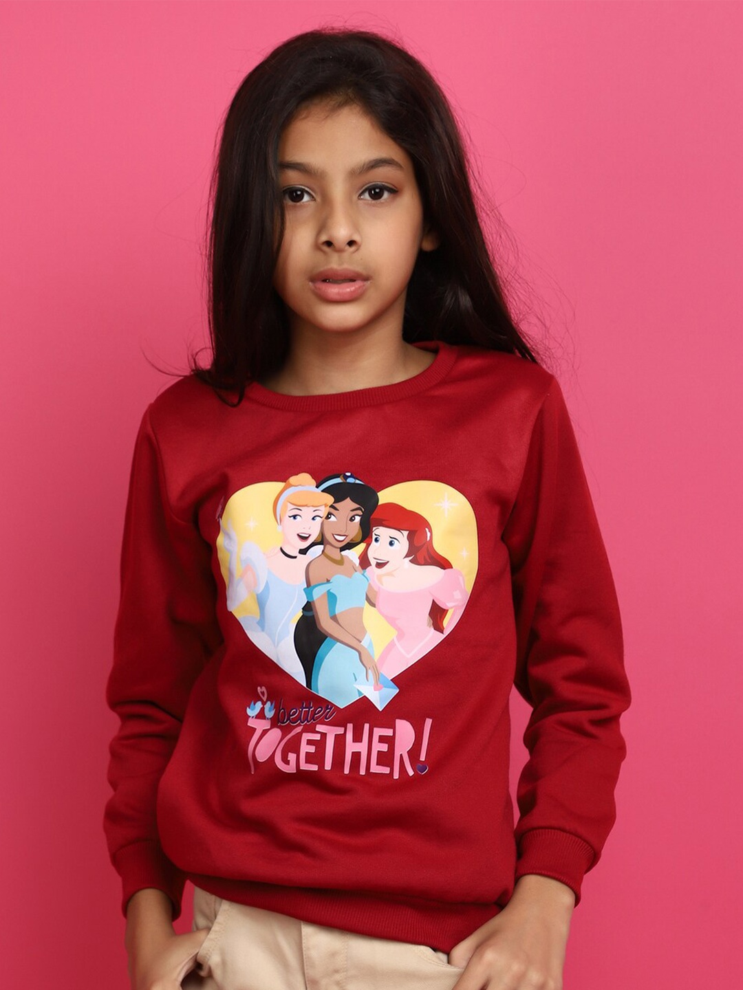 

V-Mart Girls Disney Princess Printed Long Sleeves Pullover Sweatshirt, Maroon