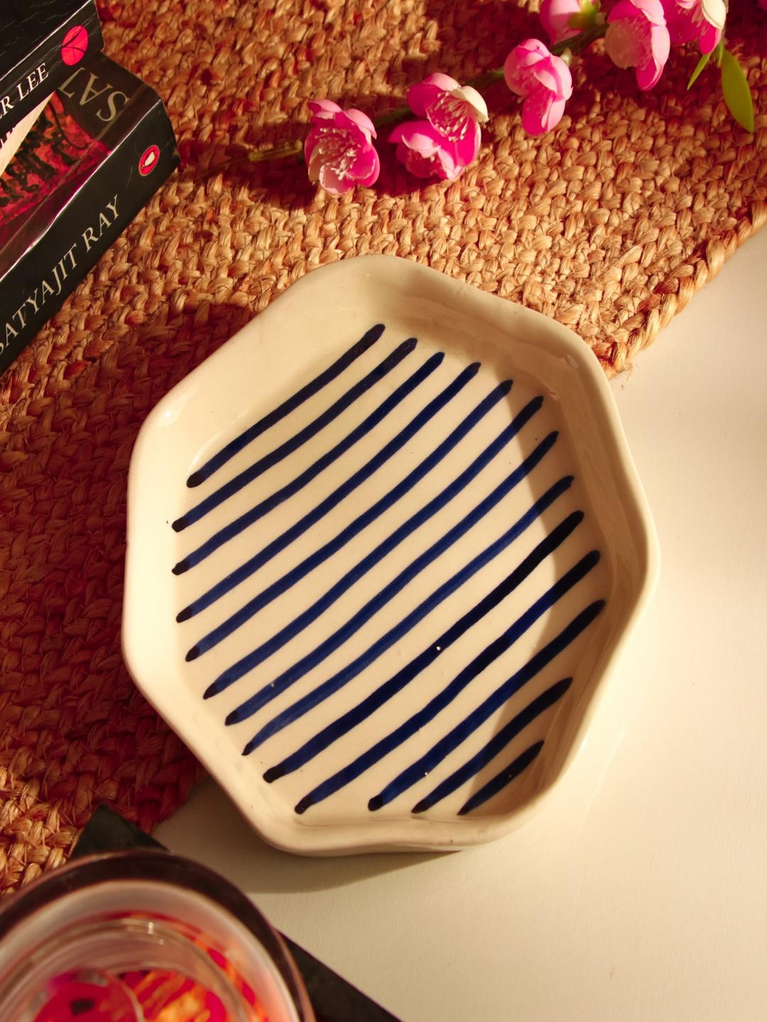 

The Decor Mart Blue Striped Ceramic Platter, Cream