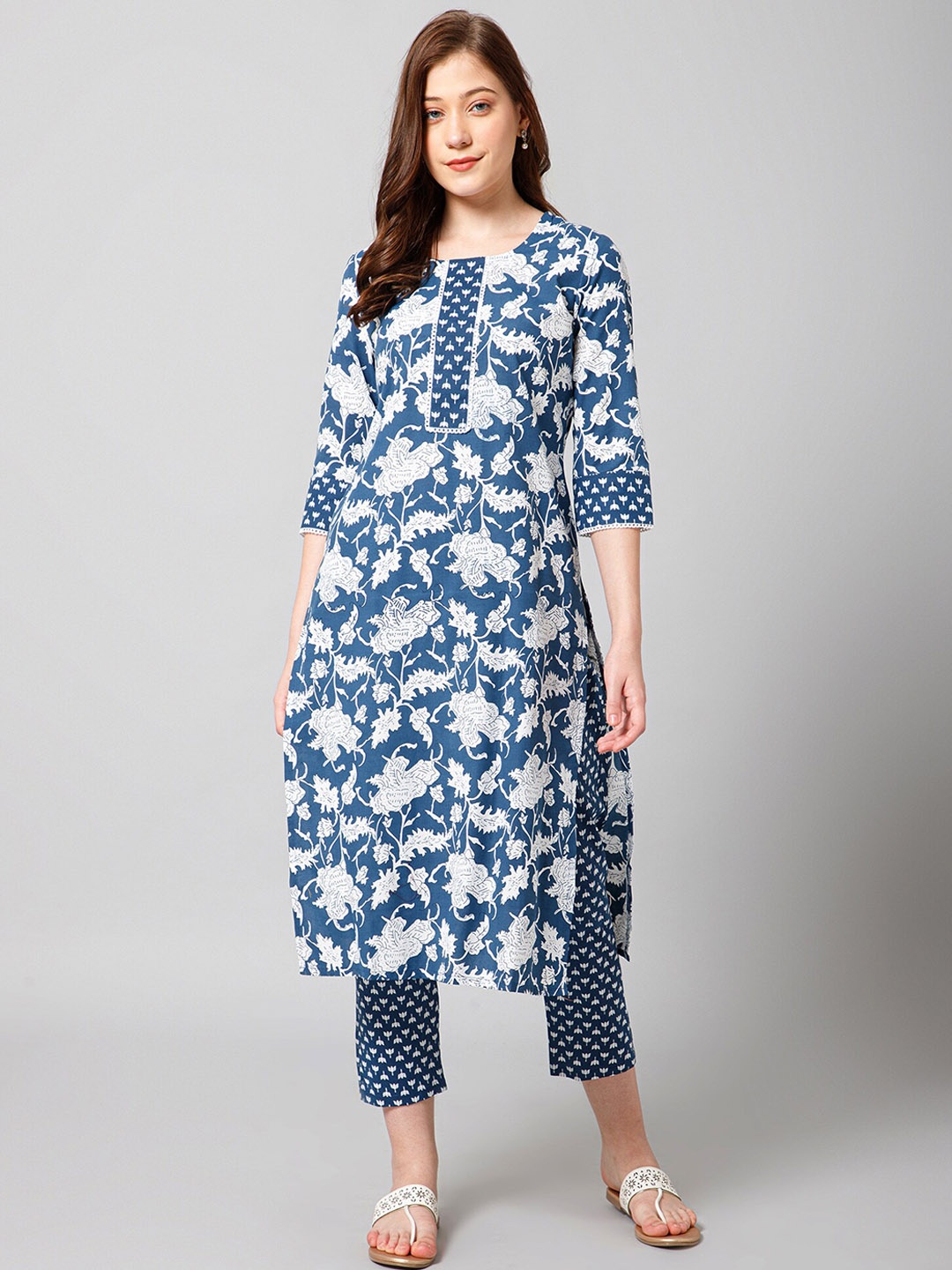

all about you Floral Printed Round Neck Kurta with Trousers, Navy blue