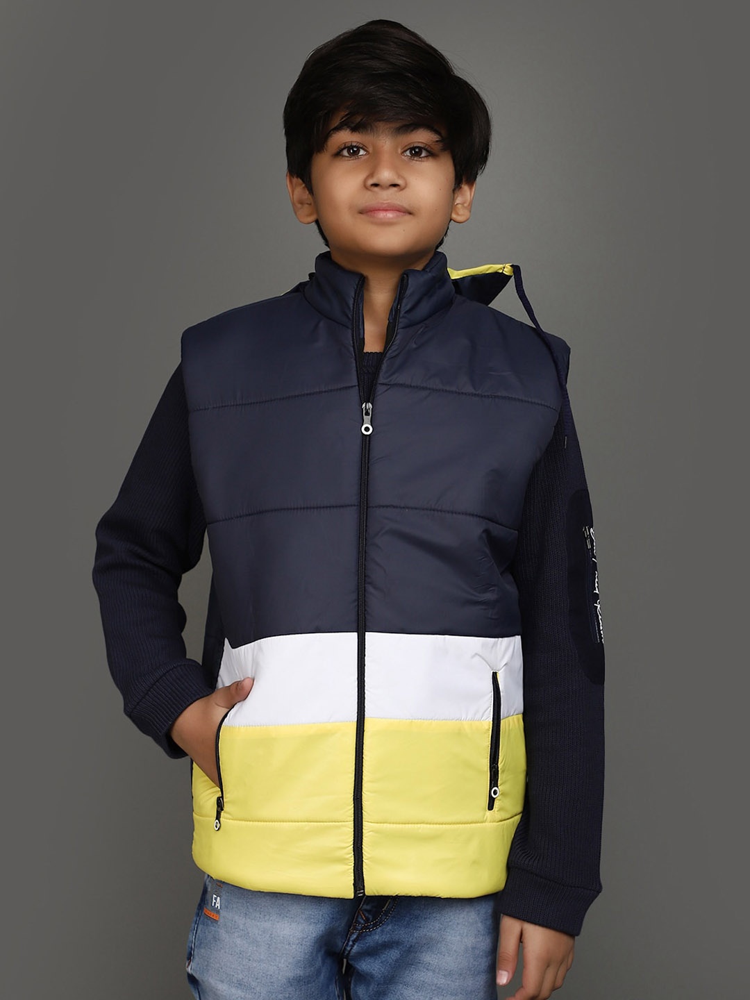 

V-Mart Boys Colourblocked Hood Sleeveless Cotton Lightweight Padded Jacket, Blue