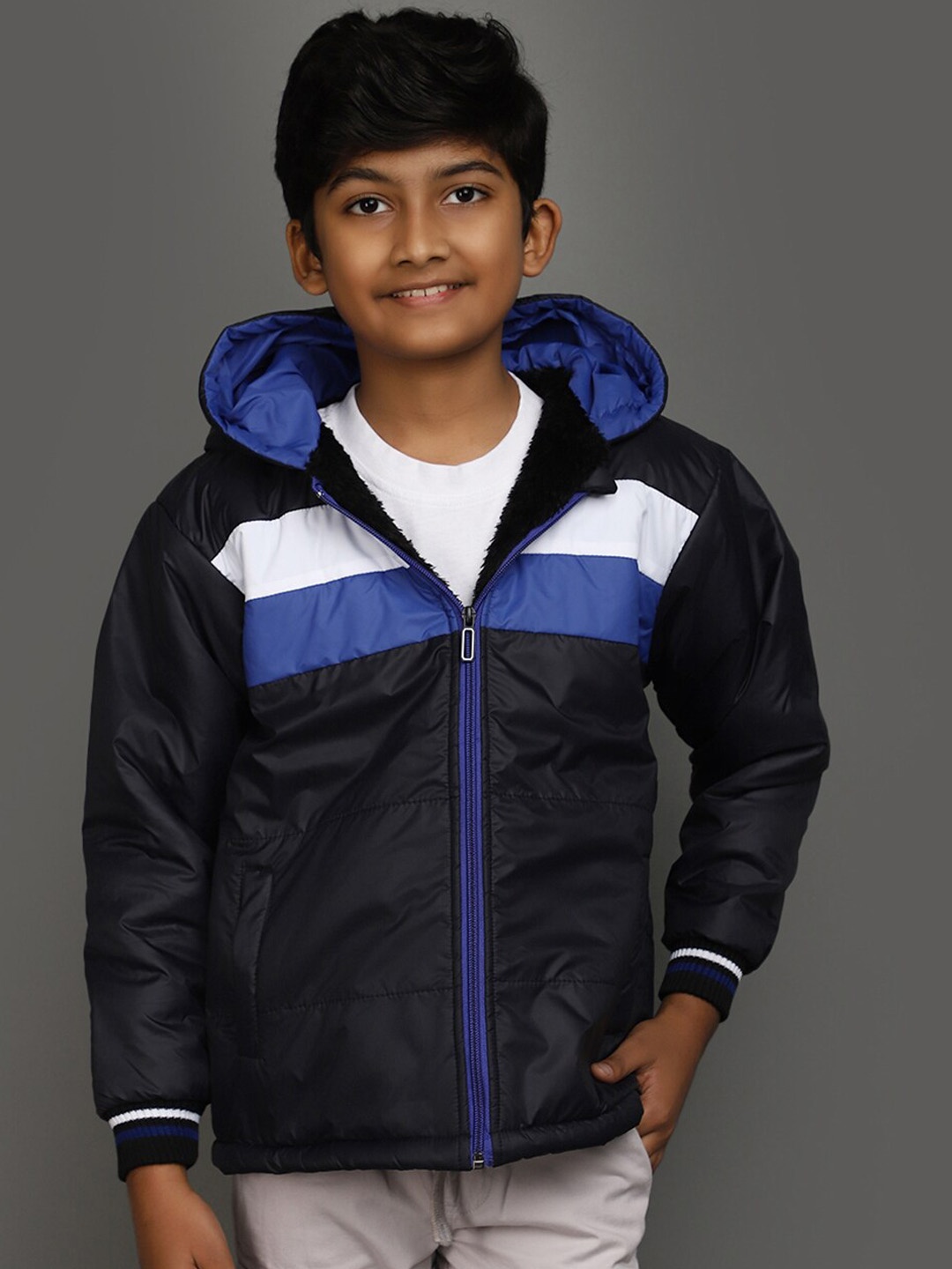 

V-Mart Boys Colourblocked Hood Sleeveless Cotton Lightweight Padded Jacket, Blue