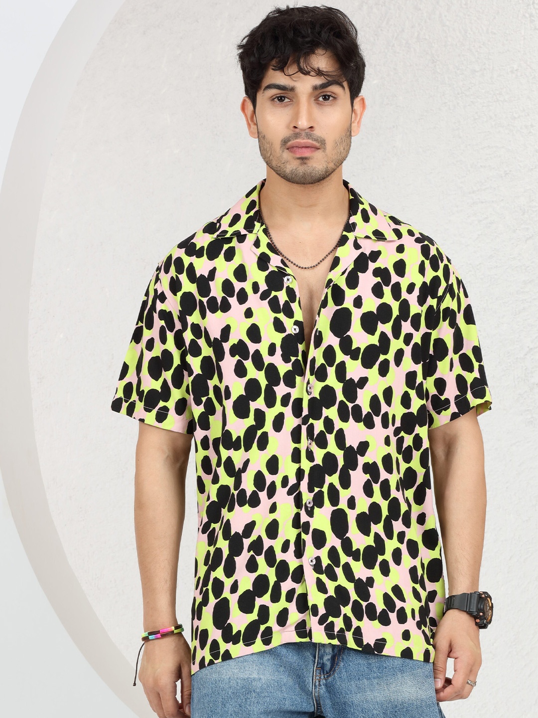 

DIMEH Modern Abstract Printed Oversized Casual Shirt, Green