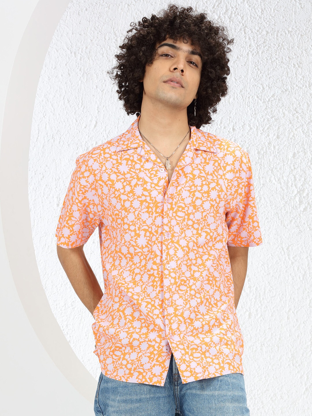 

DIMEH Modern Floral Printed Oversized Casual Shirt, Orange