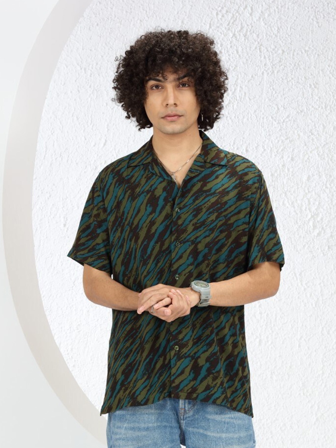 

DIMEH Modern Abstract Printed Oversized Casual Shirt, Olive