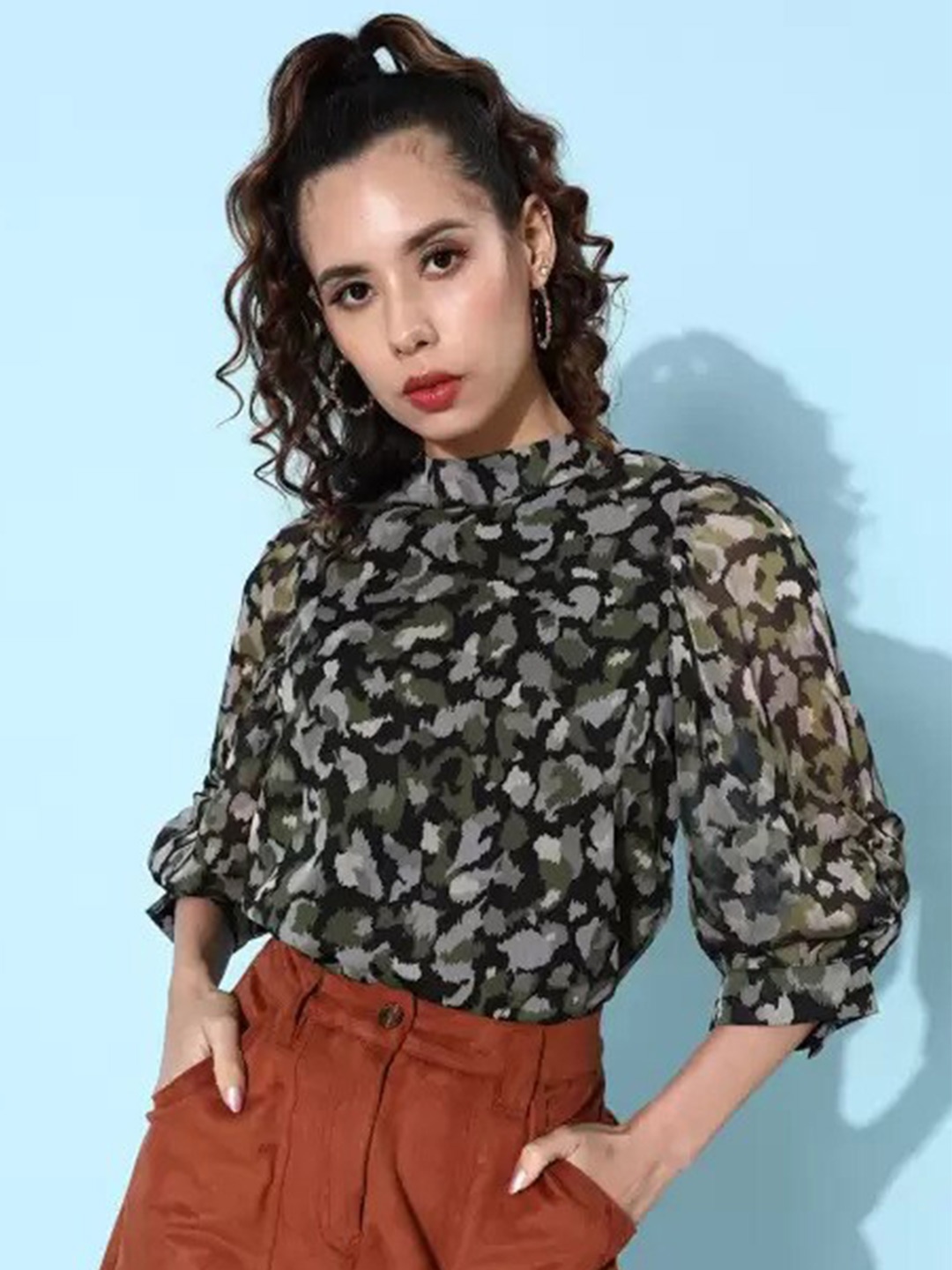 

ANVI Be Yourself Abstract Printed High Neck Chiffon Boxy Crop Top, Olive