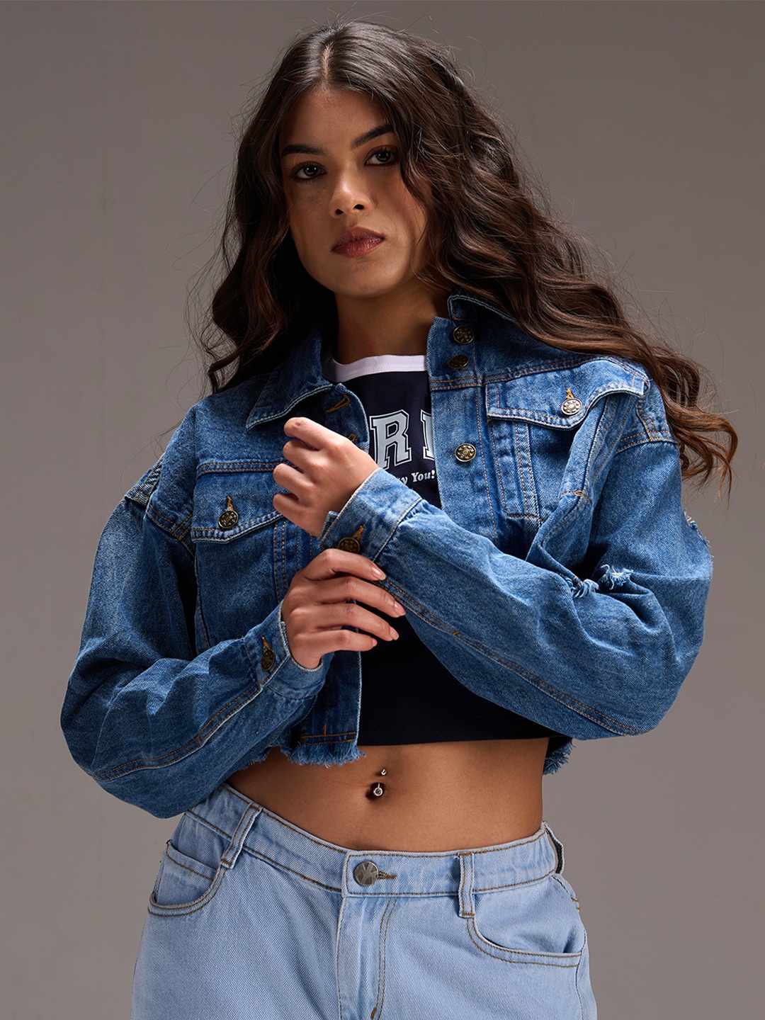 

IZF Spread Collar Crop Cotton Denim Jacket, Blue