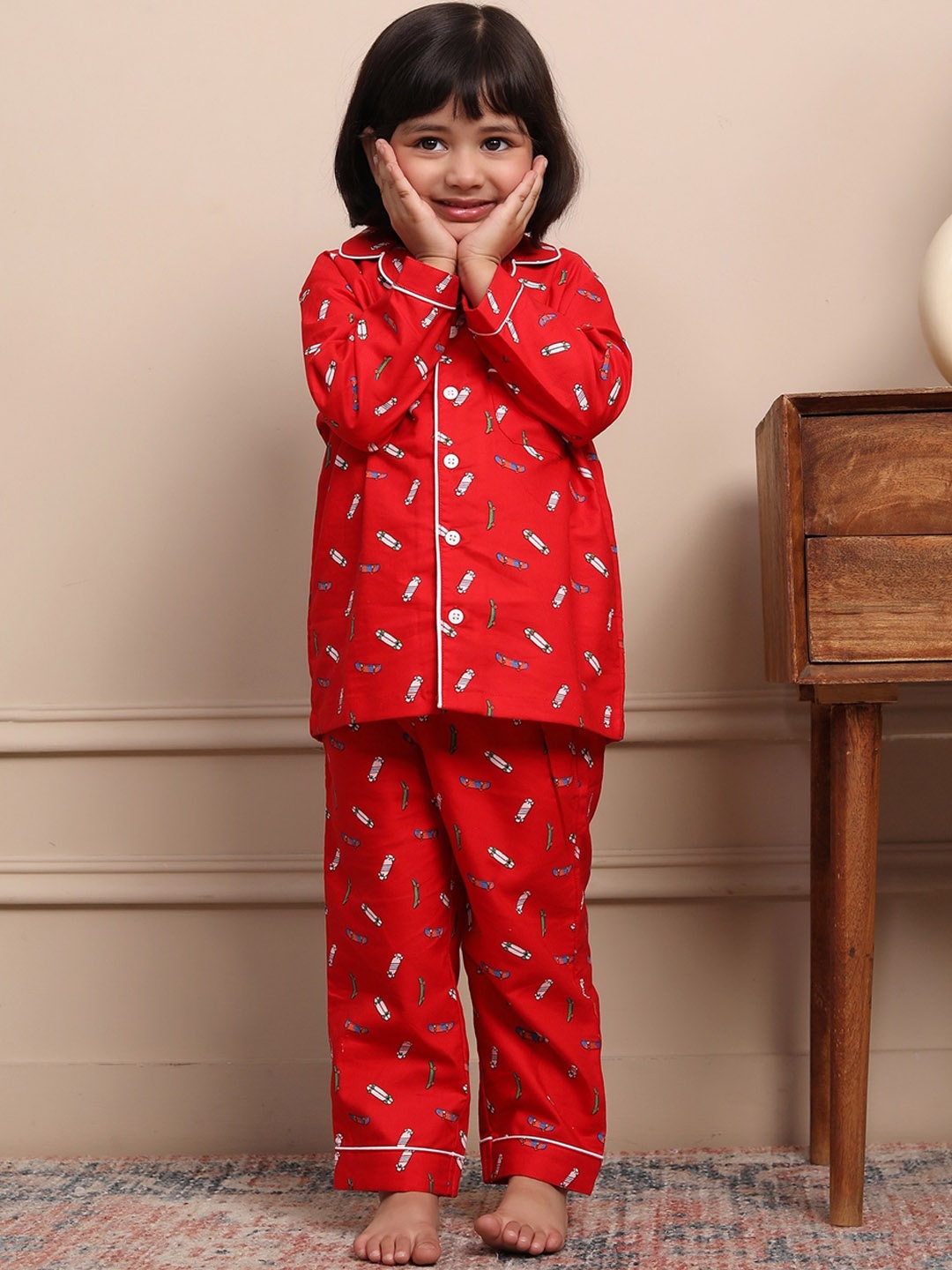 

Biglilpeople Girls Printed Cotton Shirt With Pyjamas Night suit, Red