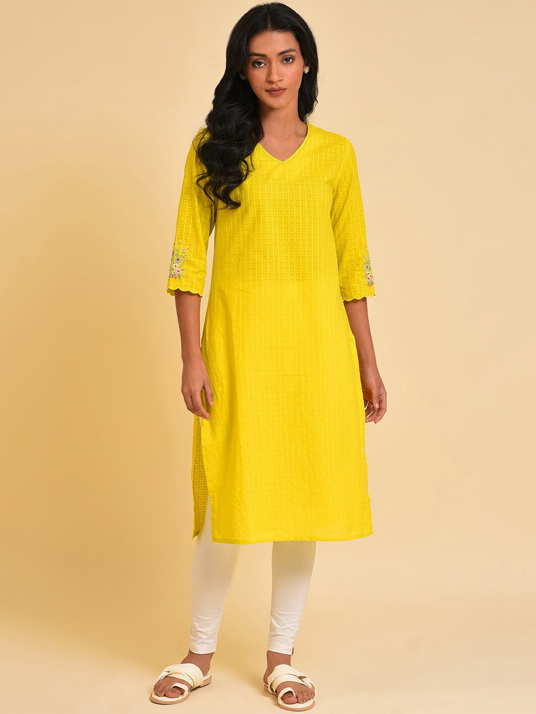 

W Striped Thread Work Pure Cotton Kurta, Yellow