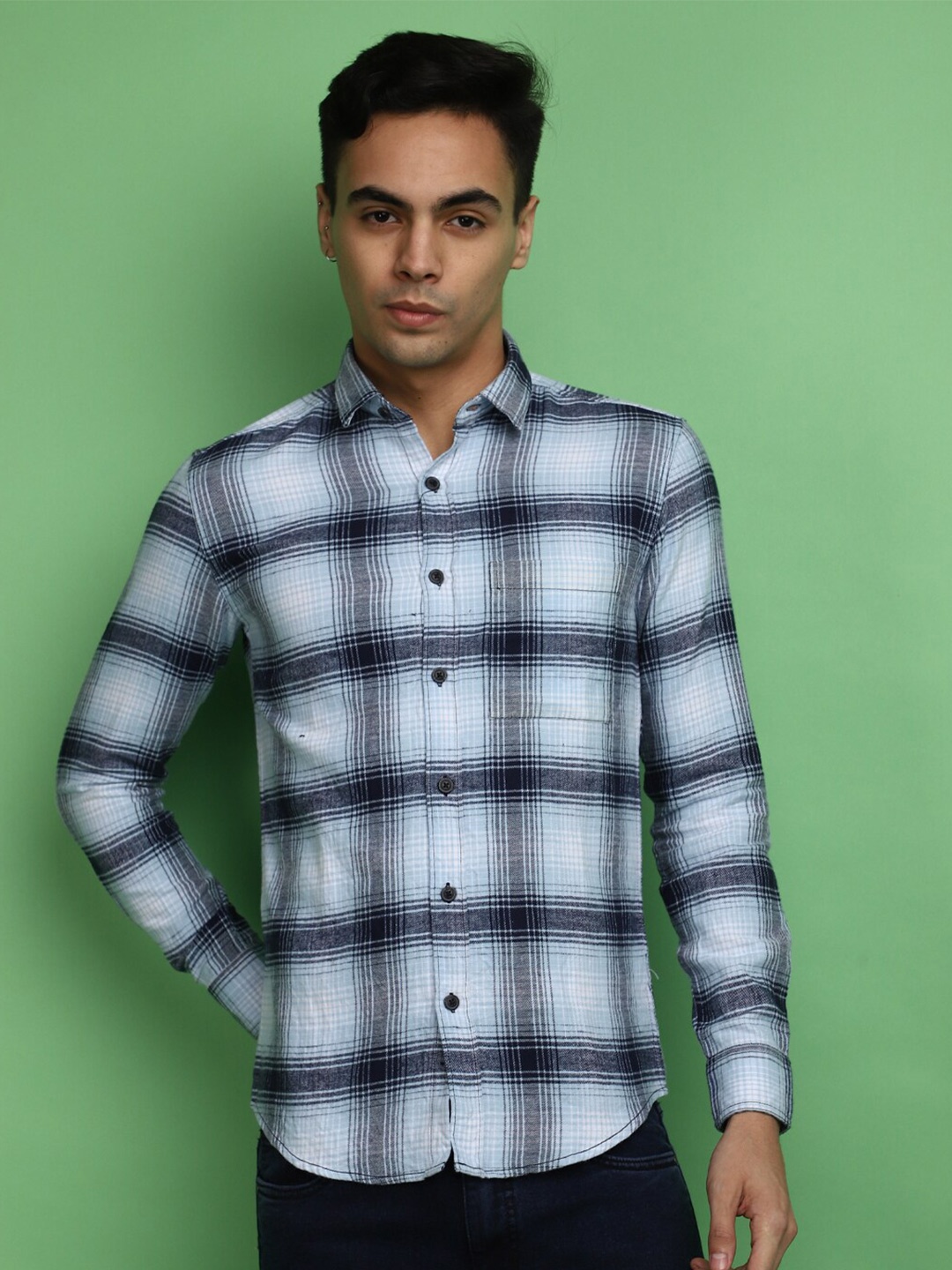 

V-Mart Slim Fit Checked Twill Cotton Casual Shirt, Blue