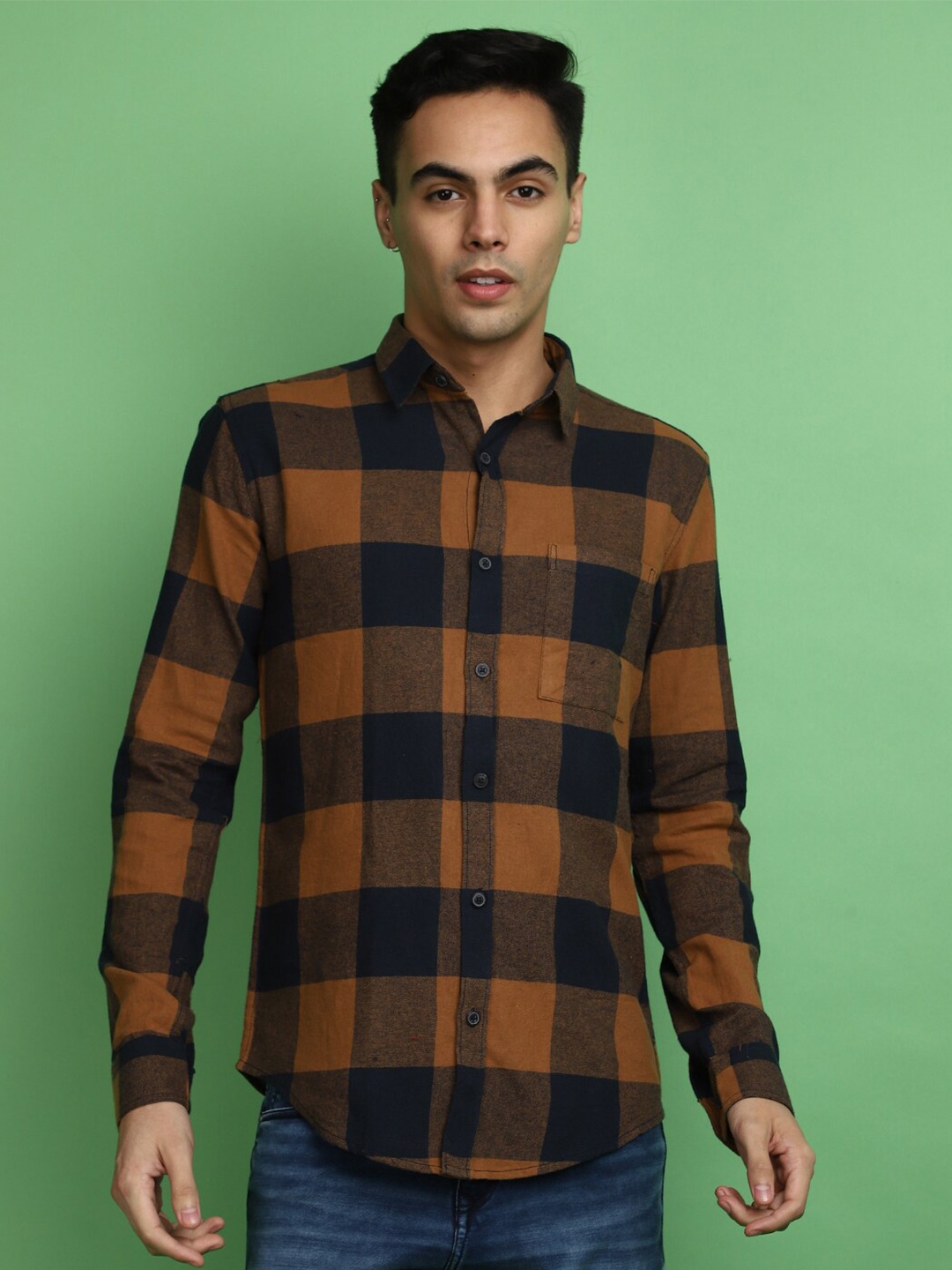 

V-Mart Slim Fit Buffalo Checked Spread Collar Twill Weave Cotton Casual Shirt, Brown