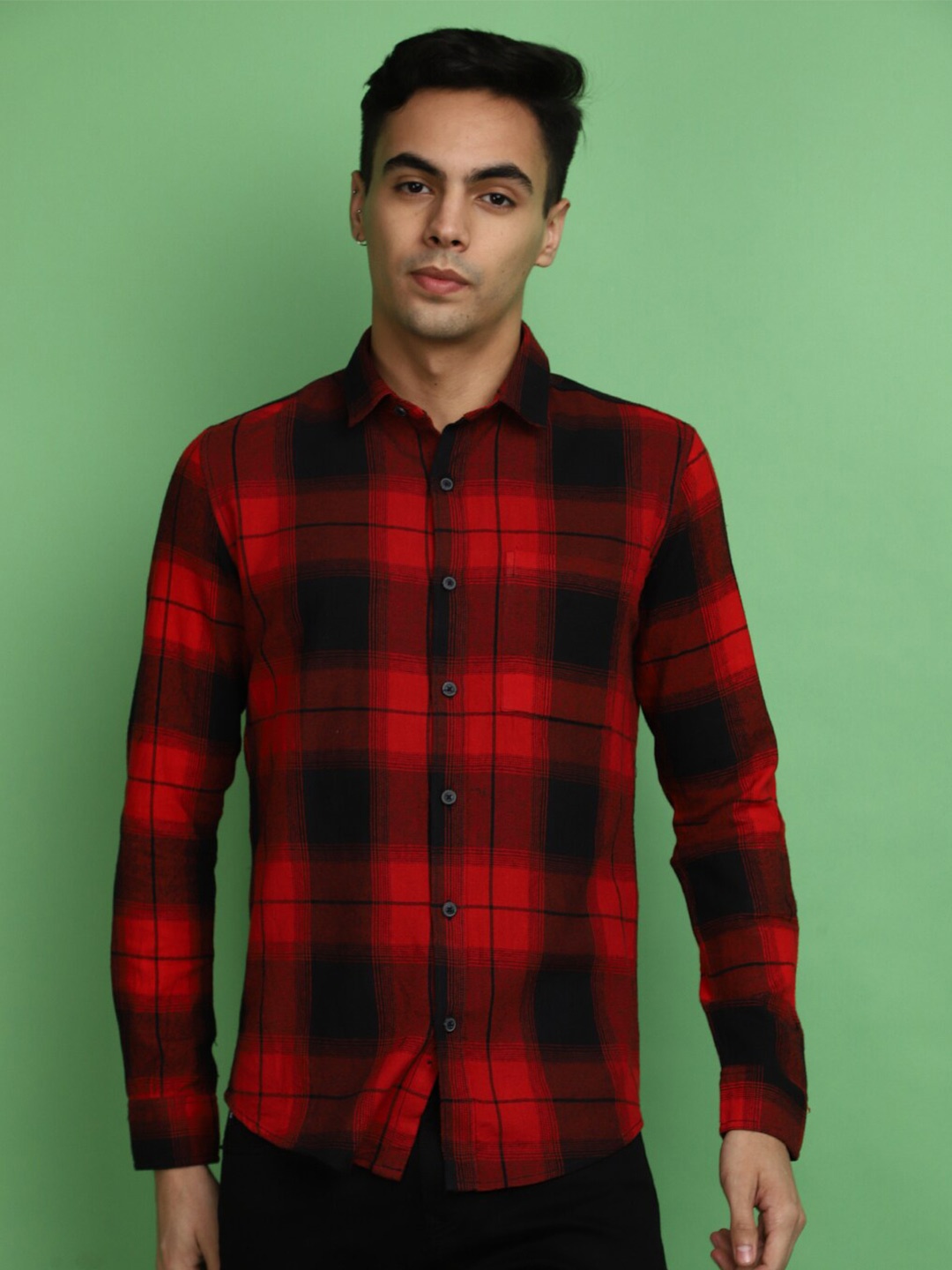 

V-Mart Slim Fit Tartan Checked Spread Collar Twill Weave Cotton Casual Shirt, Red