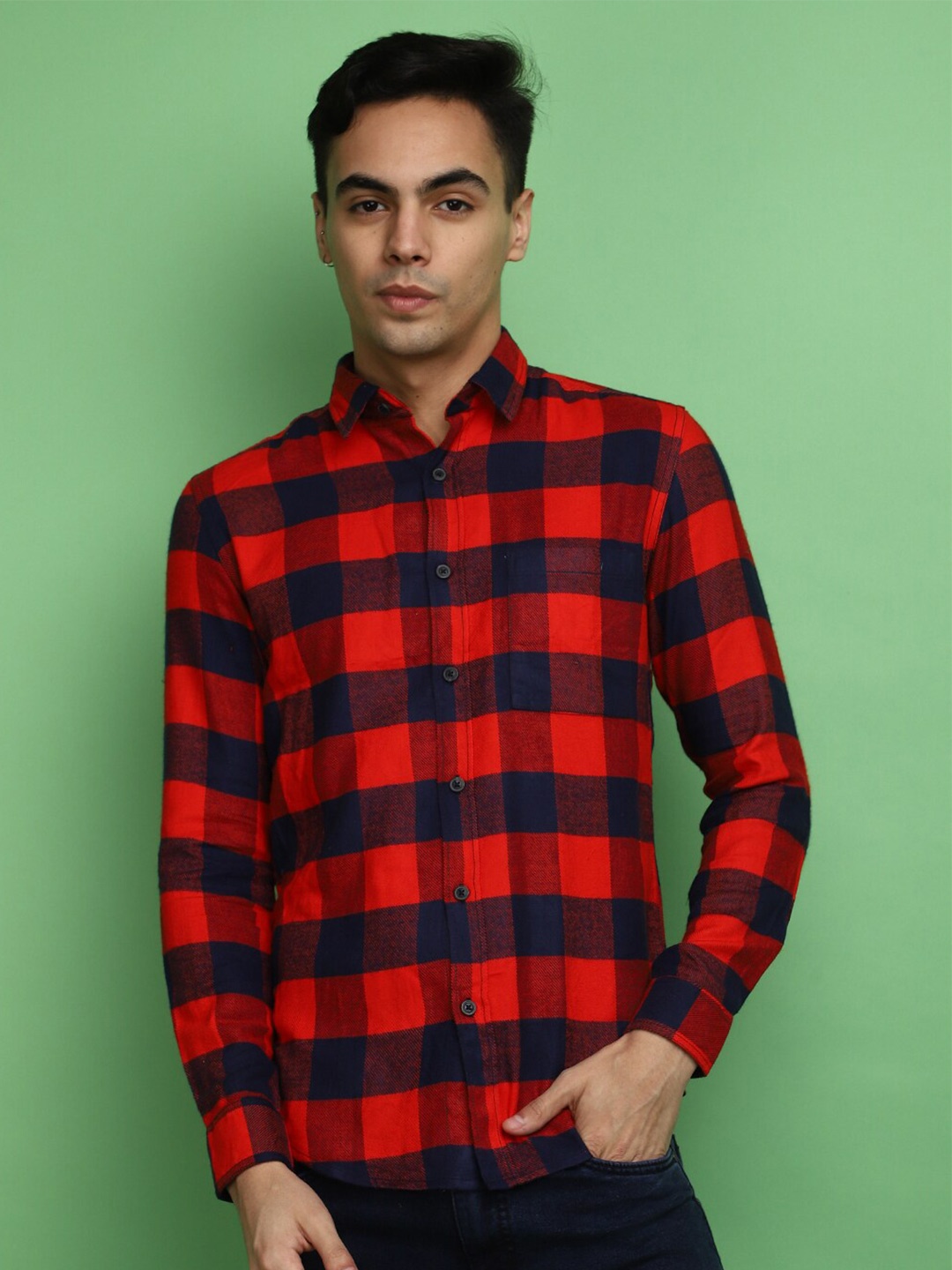 

V-Mart Slim Fit Buffalo Checked Spread Collar Twill Weave Cotton Casual Shirt, Red