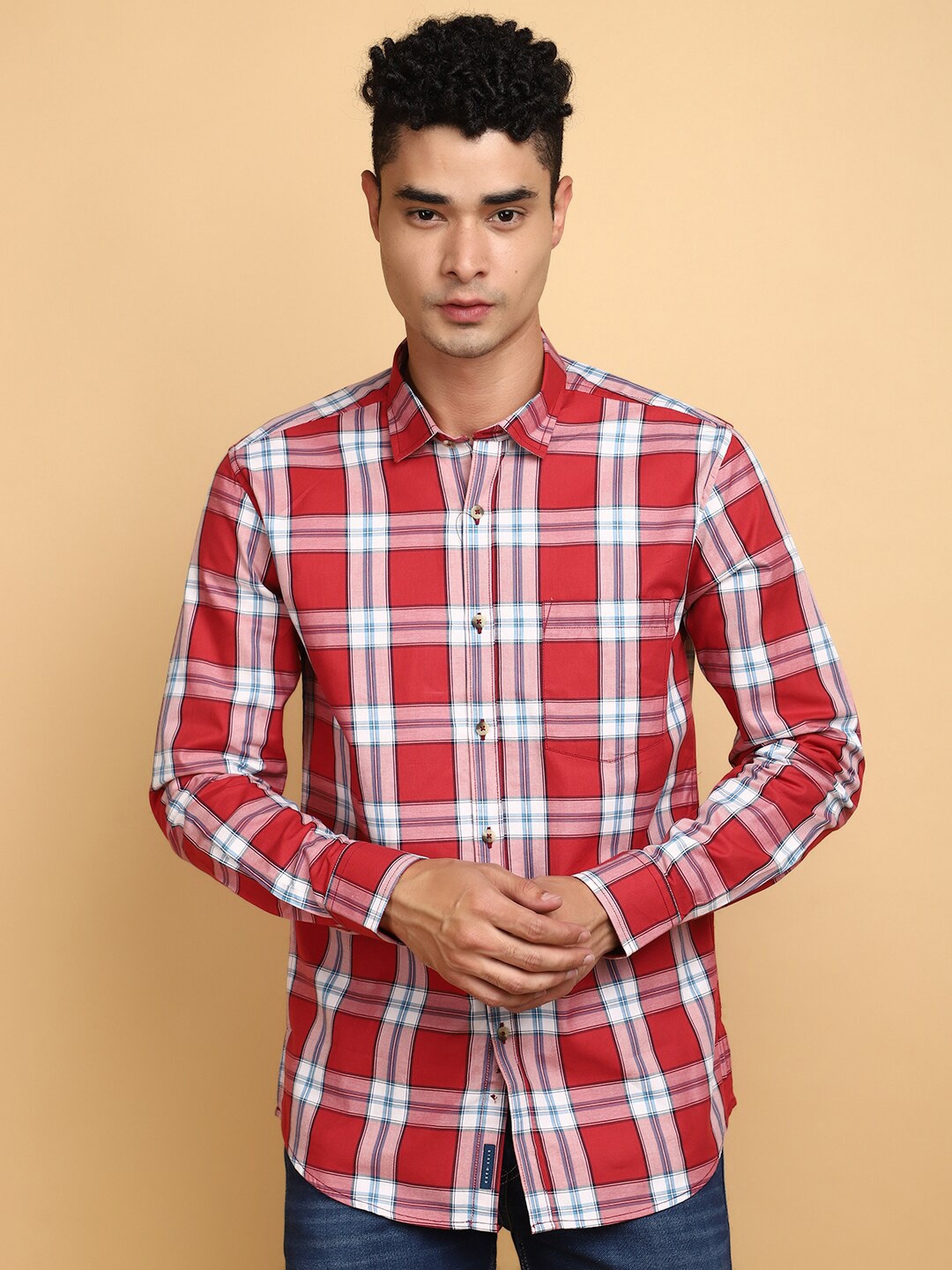 

V-Mart Tartan Check Checked Spread Collar Cotton Twill Weave Casual Shirt, Red