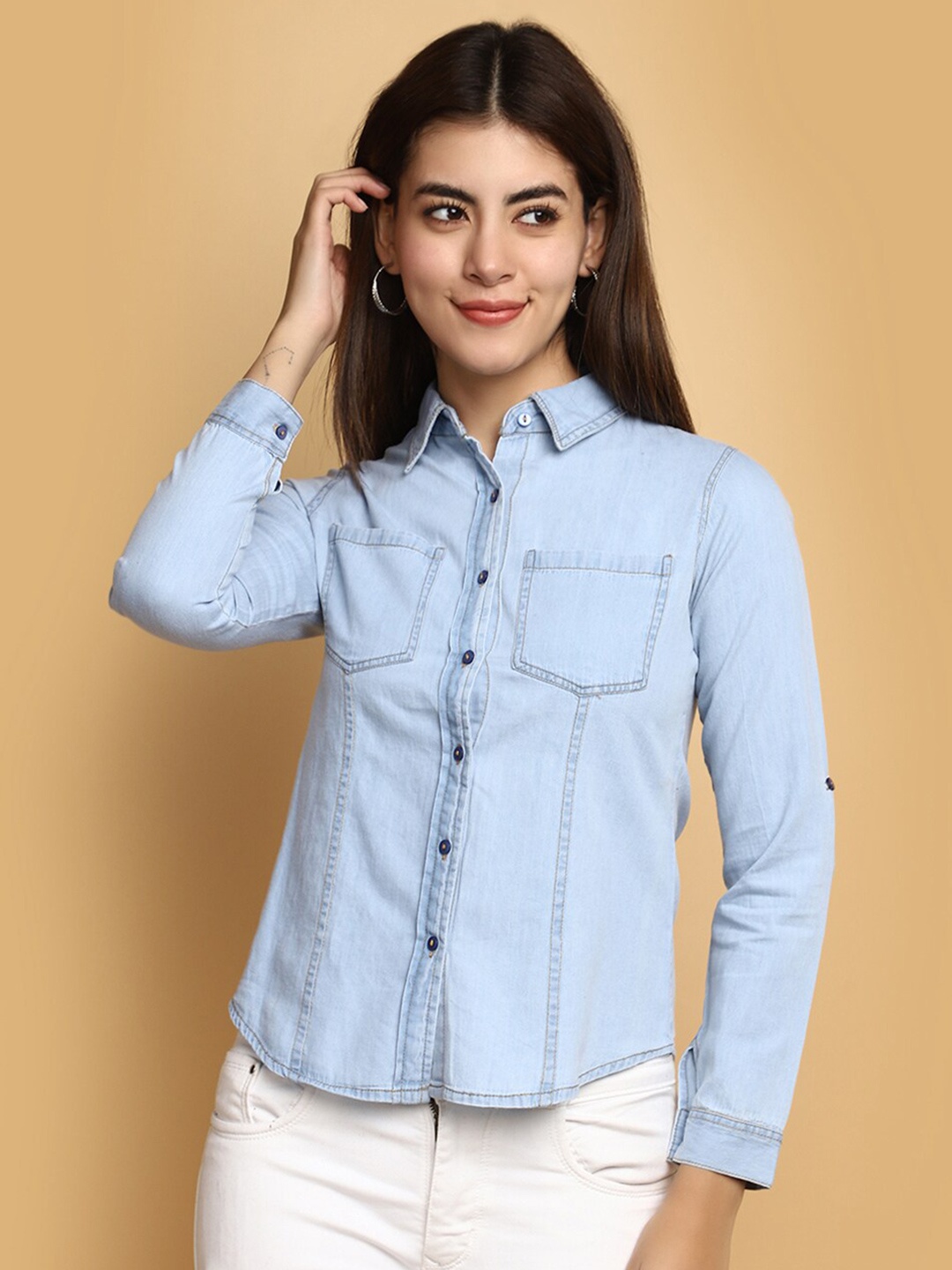 

V-Mart Spread Collar Cotton Denim Casual Shirt, Blue