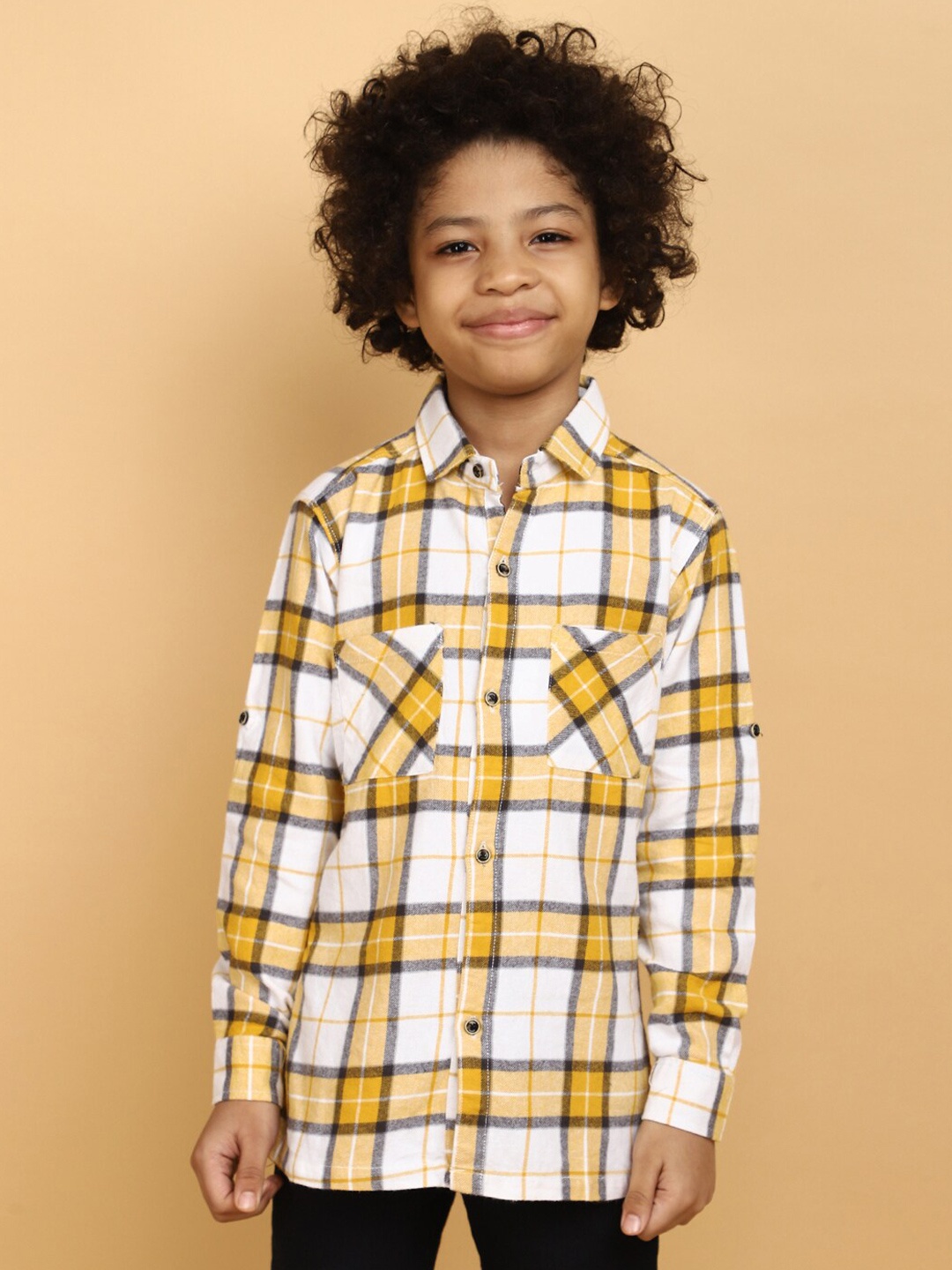 

V-Mart Boys Tartan Checked Twill Cotton Casual Shirt, Yellow