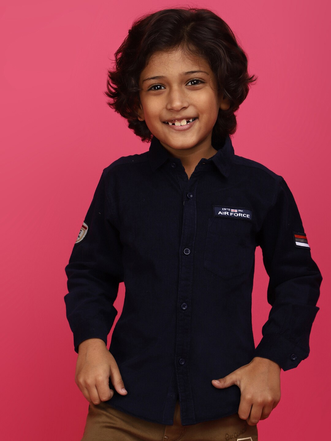 

V-Mart Boys Spread Collar Long Sleeves Cotton Corduroy Casual Shirt, Navy blue