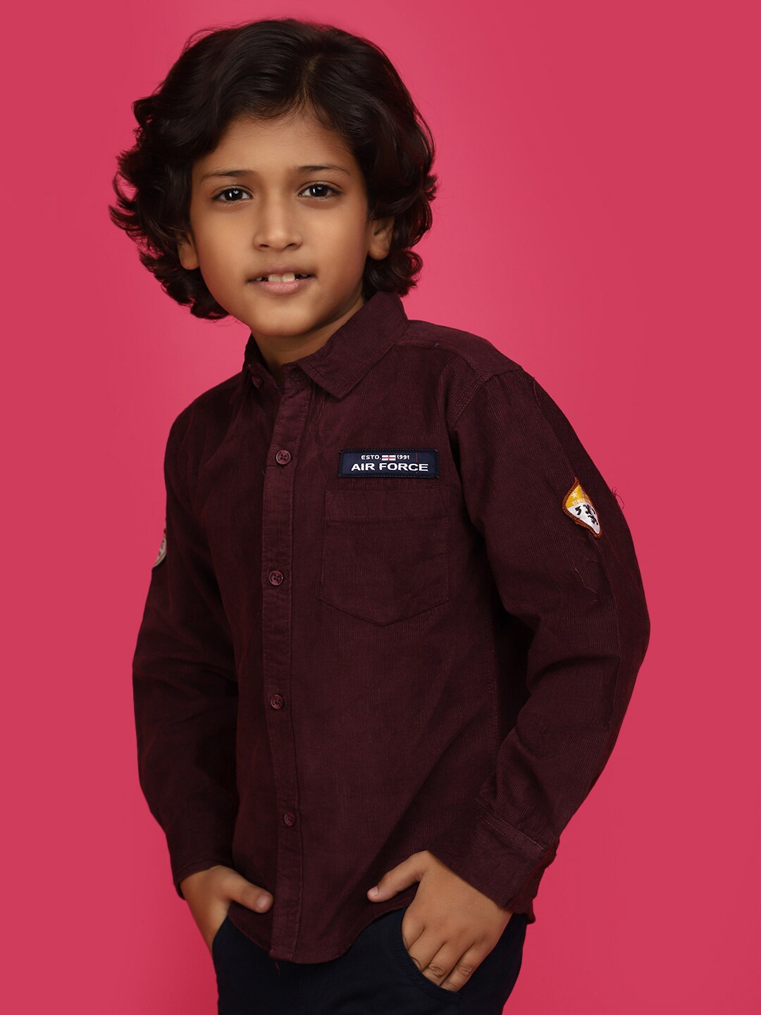 

V-Mart Boys Spread Collar Corduroy Casual Shirt, Maroon