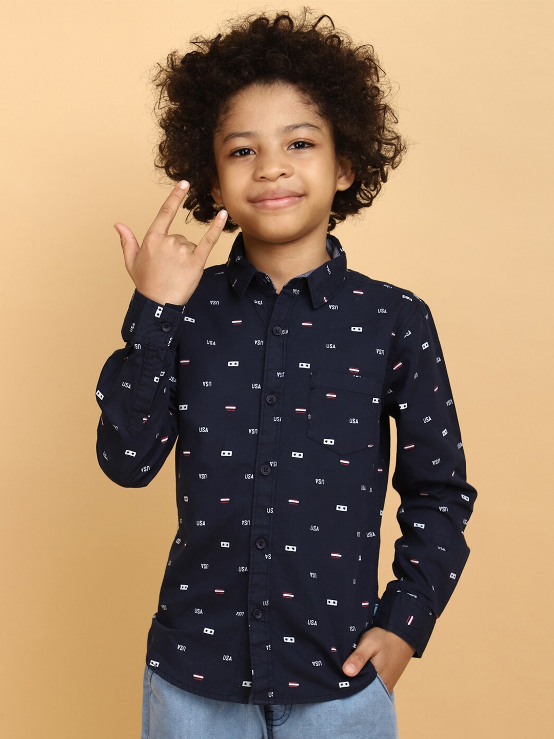 

V-Mart Boys Conversational Printed Cotton Casual Shirt, Navy blue