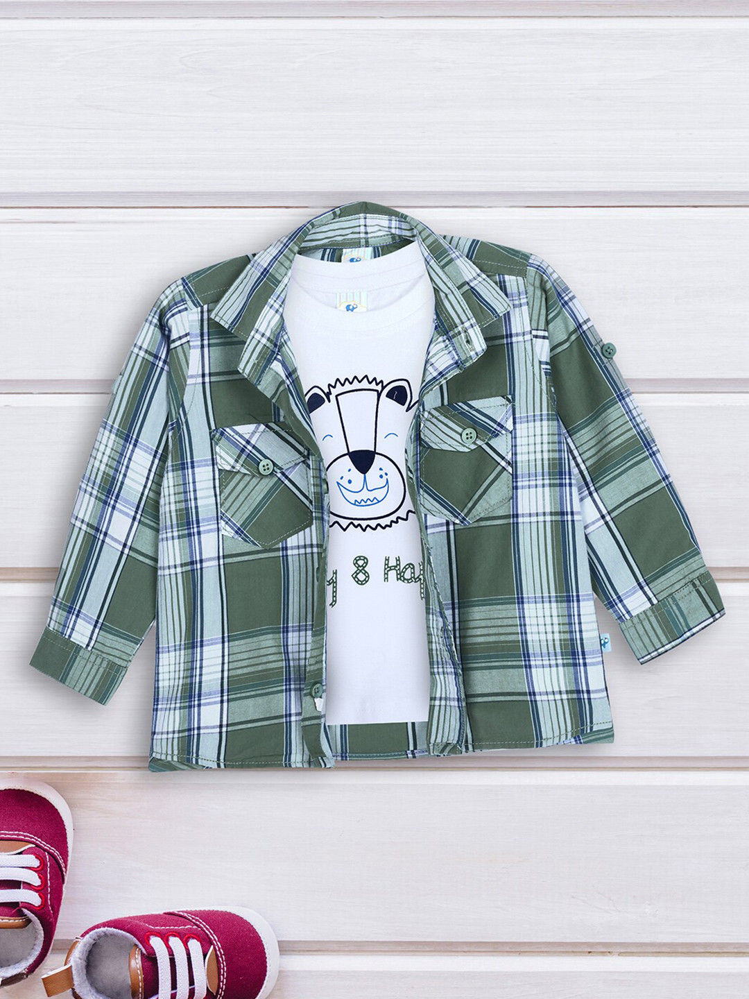 

V-Mart Infants Tartan Checked Cotton Casual Shirt With Tshirt, Green