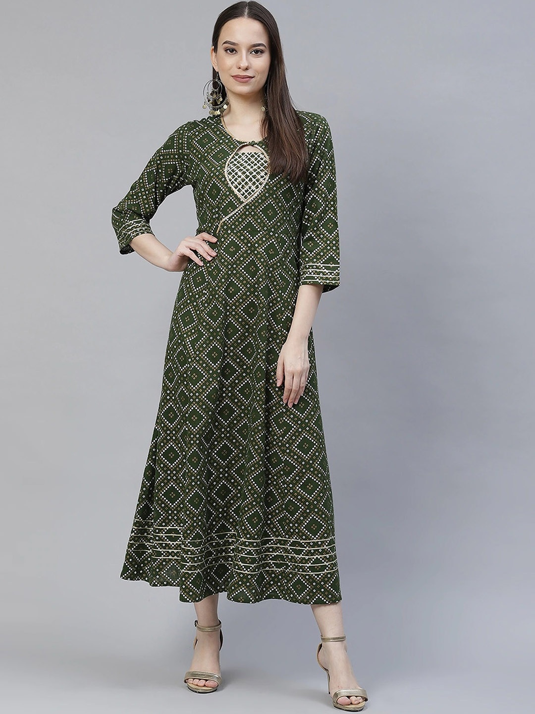 

KALINI Geometric Printed Keyhole Neck A-Line Midi Ethnic Dress, Green