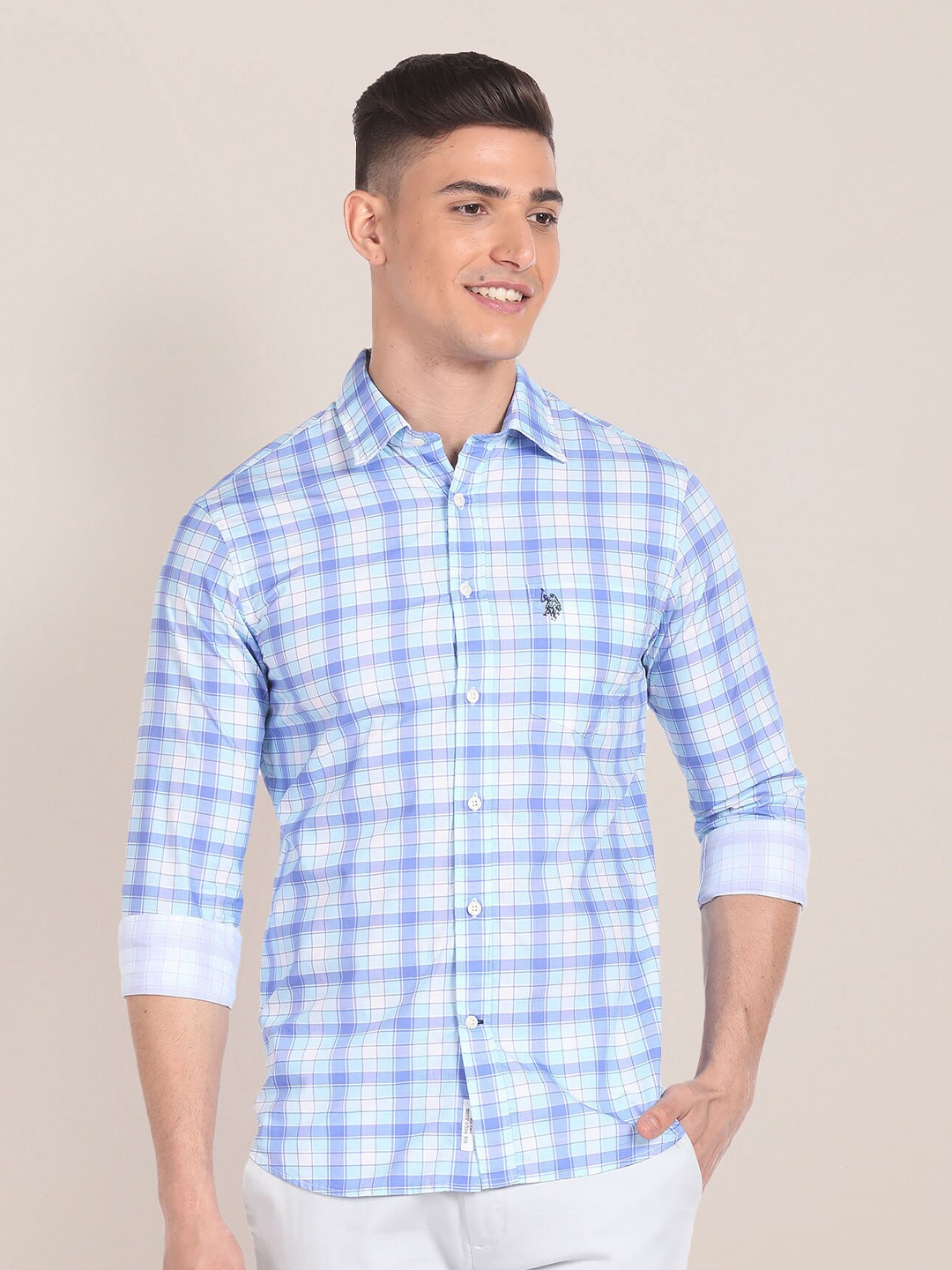 

U.S. Polo Assn. Tartan Checks Spread Collar Long Sleeves Cotton Casual Shirt, Blue