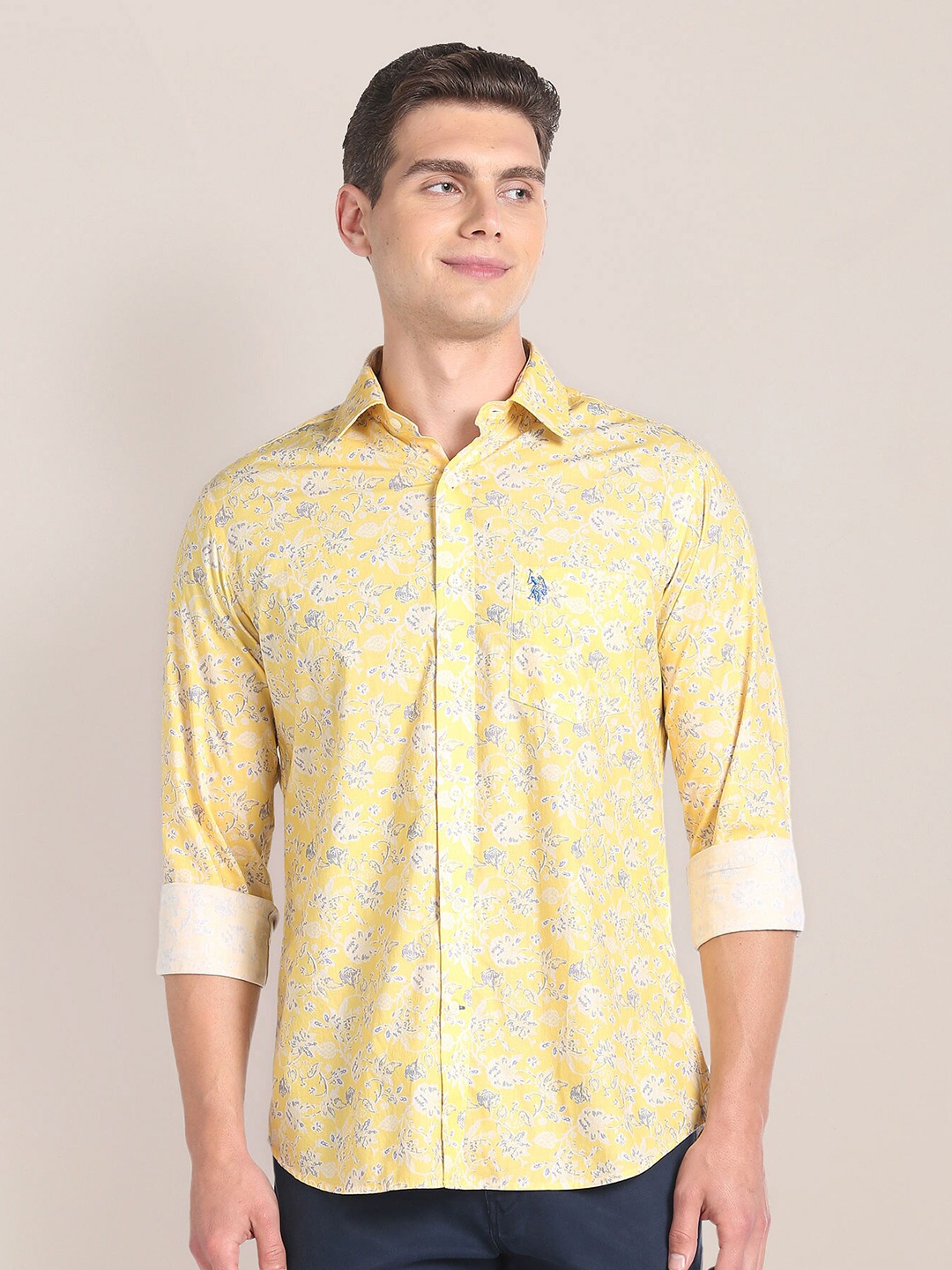 

U.S. Polo Assn. Tailored Fit Floral Printed Pure Cotton Casual Shirt, Yellow