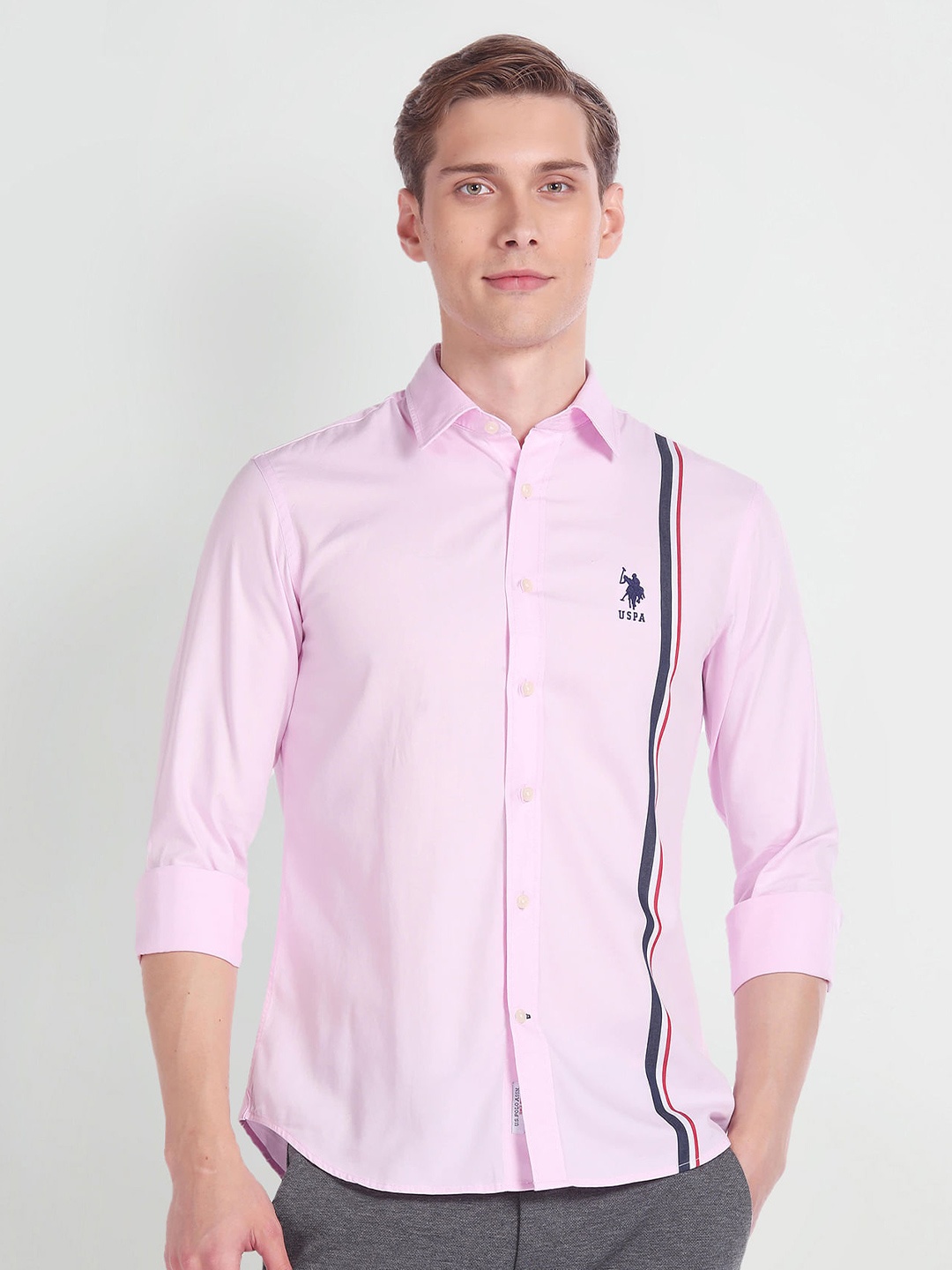 

U.S. Polo Assn. Premium Vertical Stripes Spread Collar Long Sleeves Cotton Casual Shirt, Pink