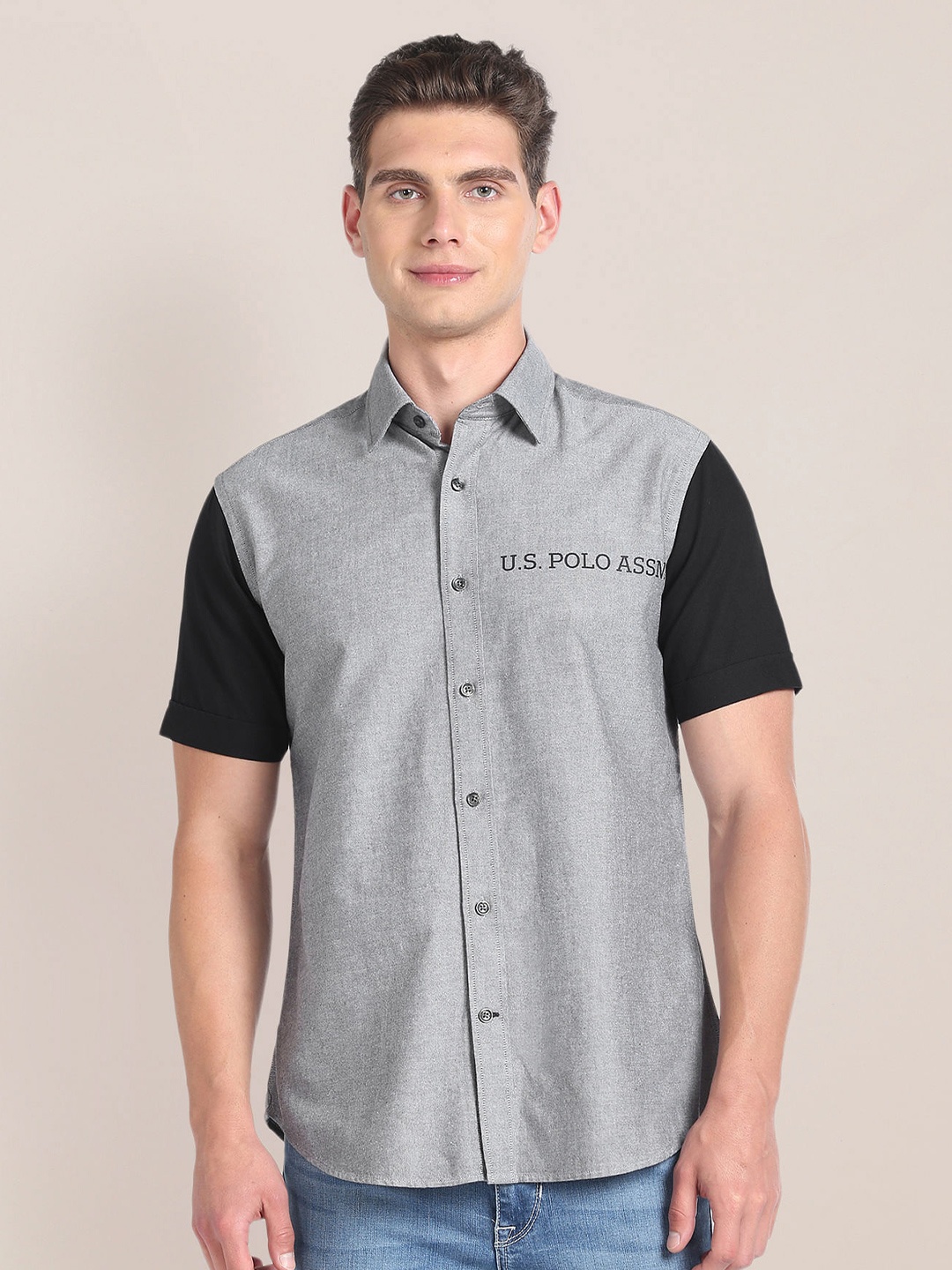 

U.S. Polo Assn. Colourblocked Classic Cotton Casual Shirt, Grey