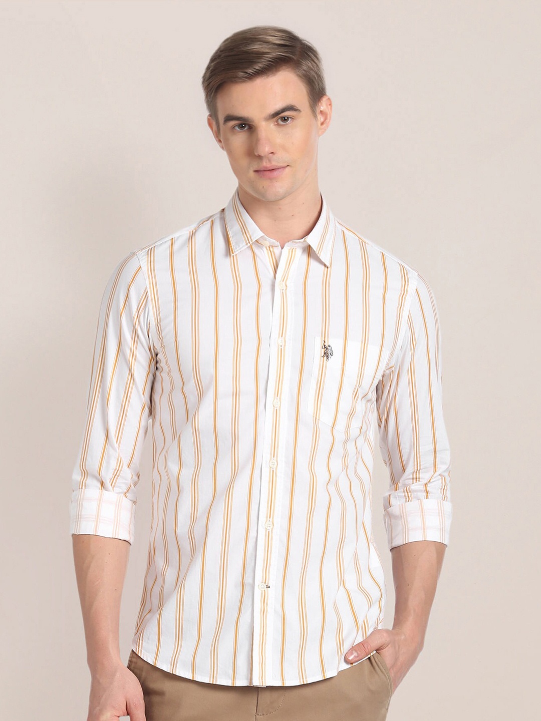 

U.S. Polo Assn. Vertical Stripes Spread Collar Long Sleeves Casual Shirt, Yellow