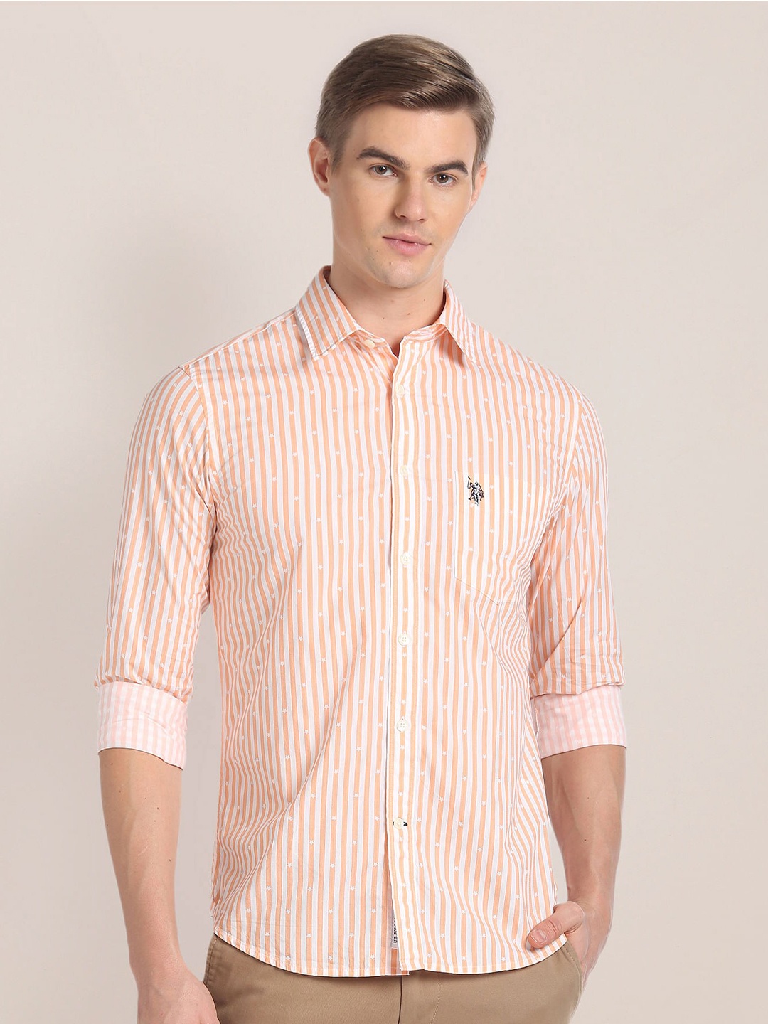 

U.S. Polo Assn. Vertical Stripes Spread Collar Long Sleeves Casual Shirt, Orange