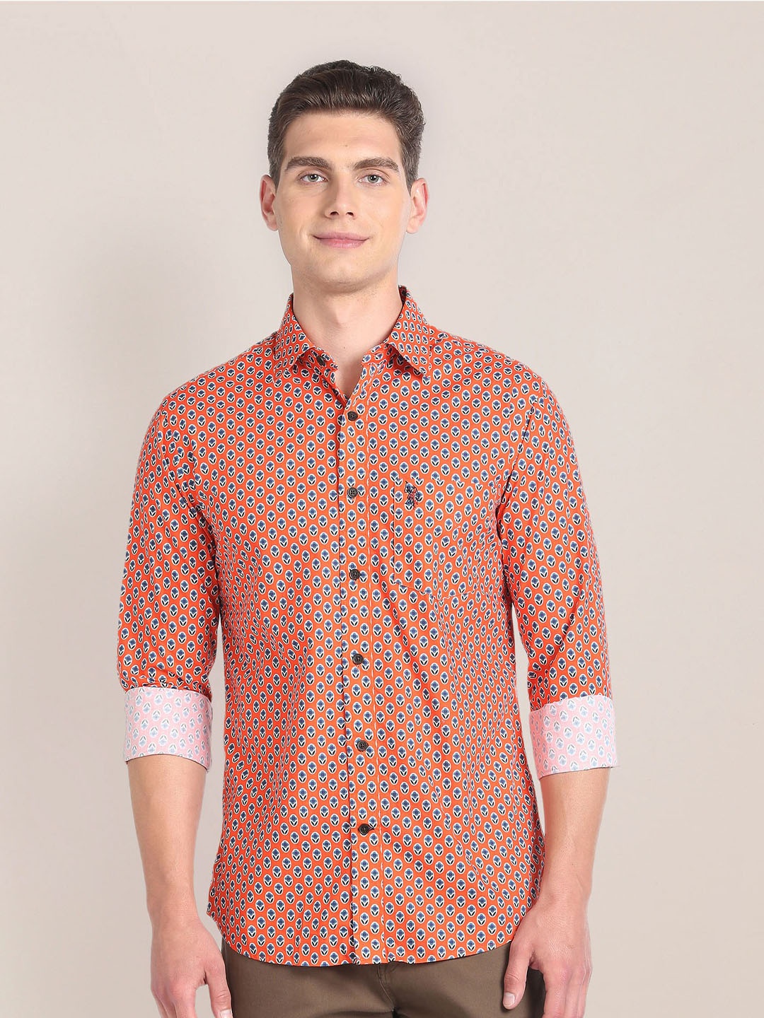 

U.S. Polo Assn. Tailored Fit Micro Ditsy Printed Pure Cotton Casual Shirt, Orange