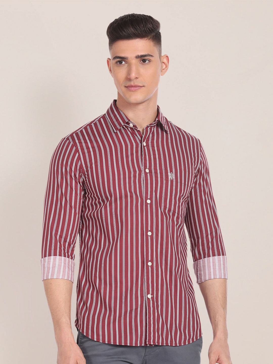 

U.S. Polo Assn. Vertical Stripes Spread Collar Long Sleeves Casual Shirt, Red