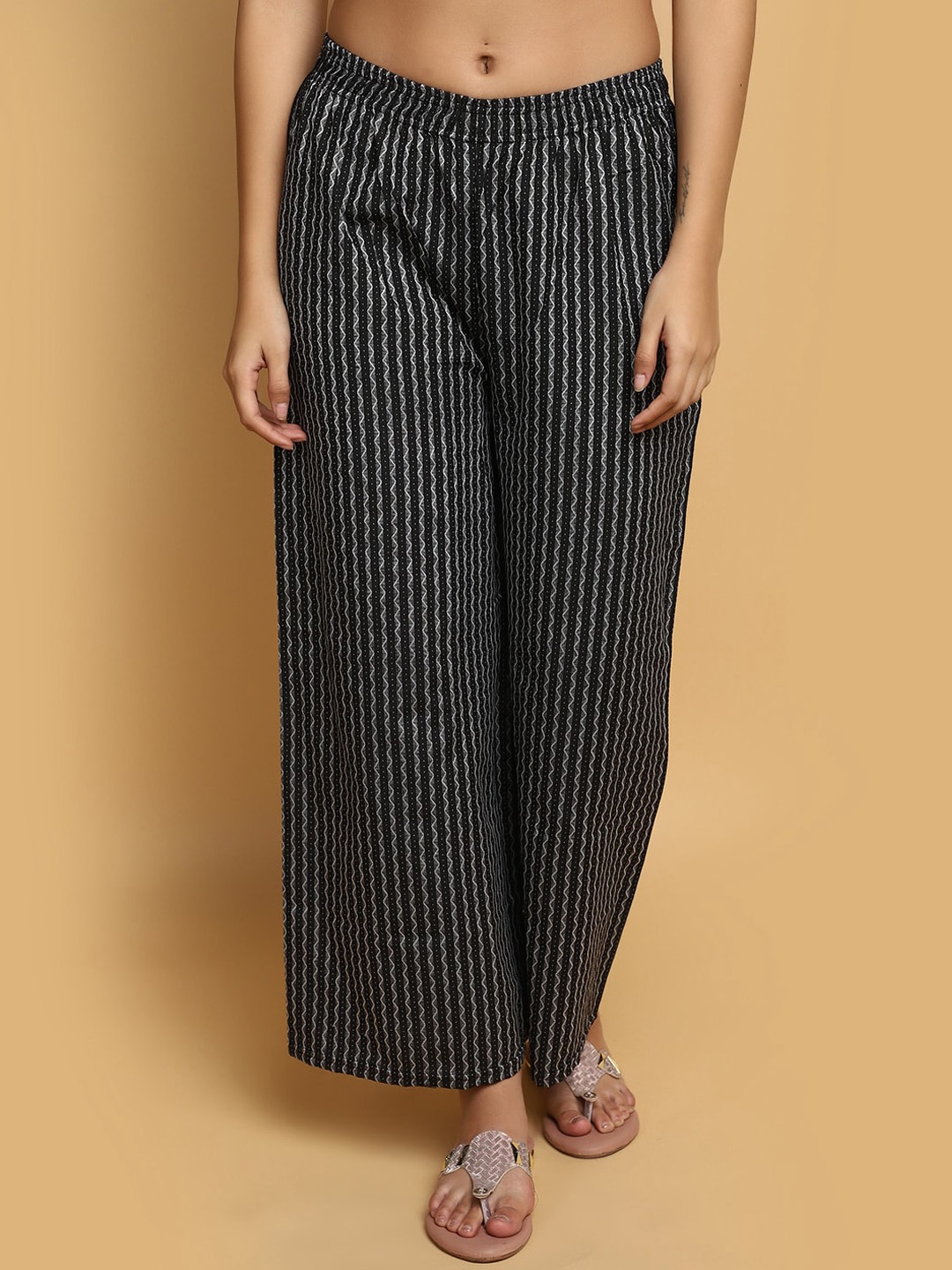 

V-Mart Women Striped Trousers, Black
