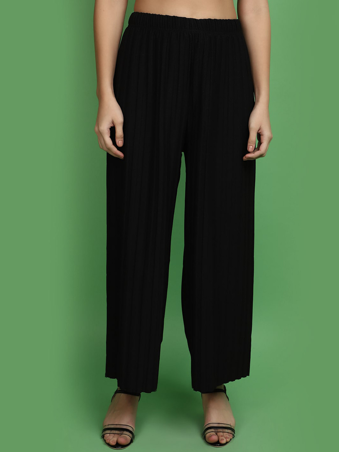 

V-Mart Women Self Design Mid-Rise Cotton Parallel Trousers, Black
