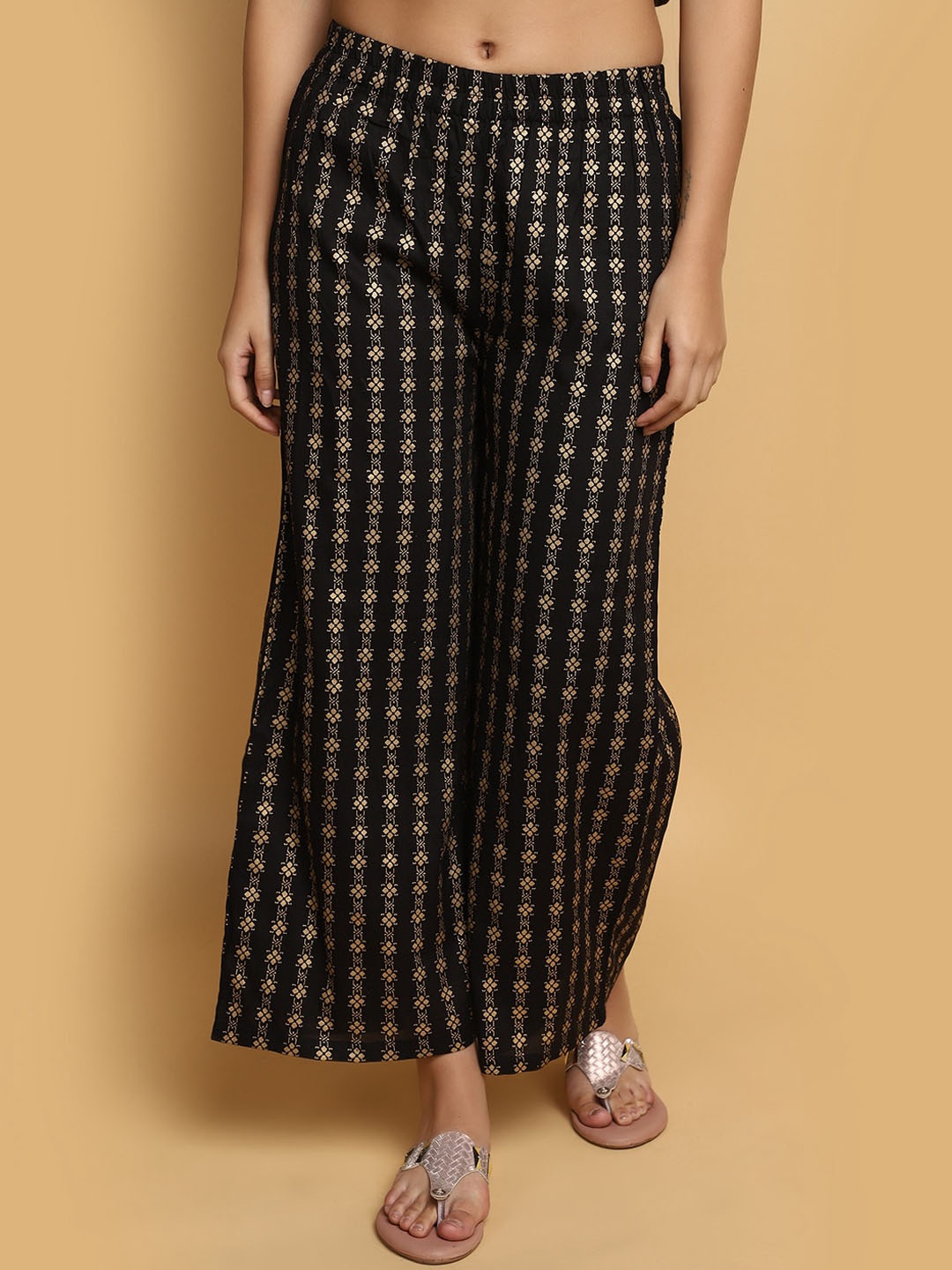 

V-Mart Ethnic Motifs Printed Wide Leg Palazzos, Black