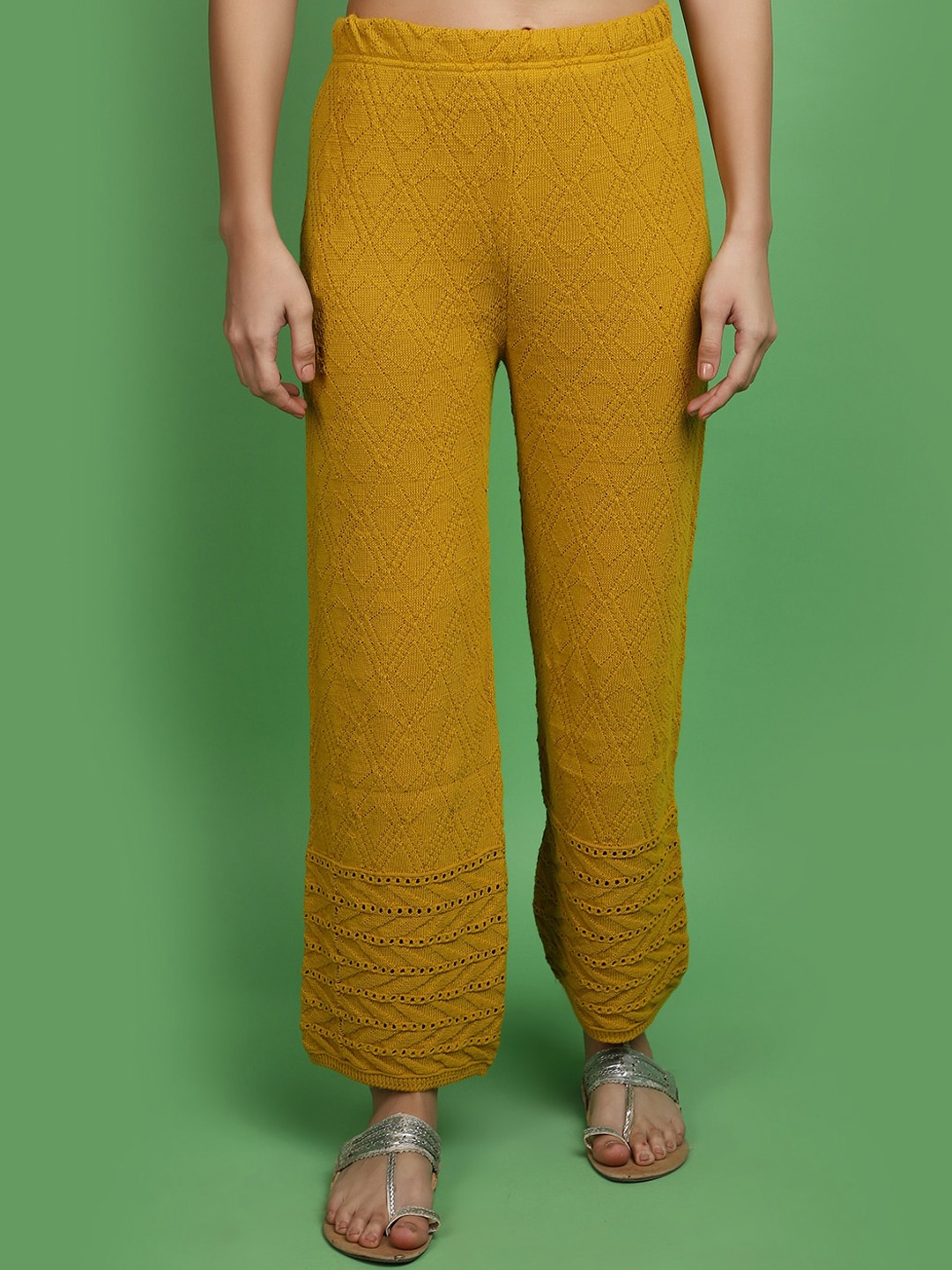 

V-Mart Women Textured Self Design Jacquard Parallel Ethnic Trousers, Gold