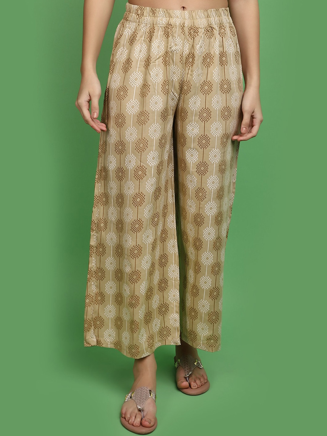

V-Mart Women Ethnic Motifs Printed Mid-Rise Parallel Trousers, Beige