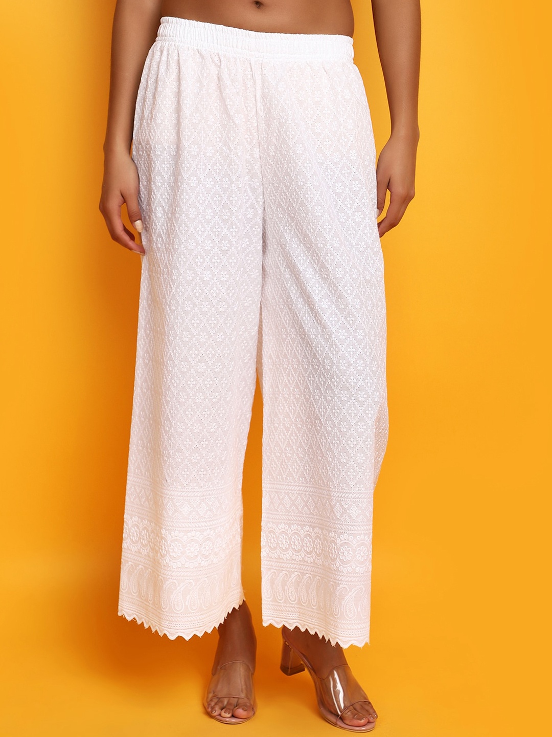 

V-Mart Women Floral Embroidered Mid-Rise Cotton Parallel Trousers, White