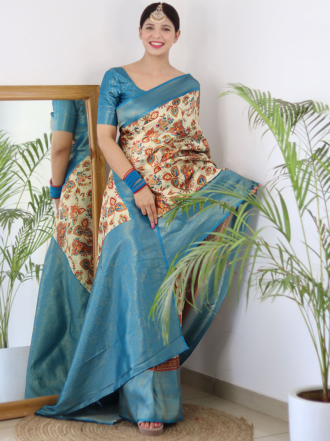

ALMAARI FASHION Ethnic Motifs Pure Silk Designer Kanjeevaram Saree, Cream