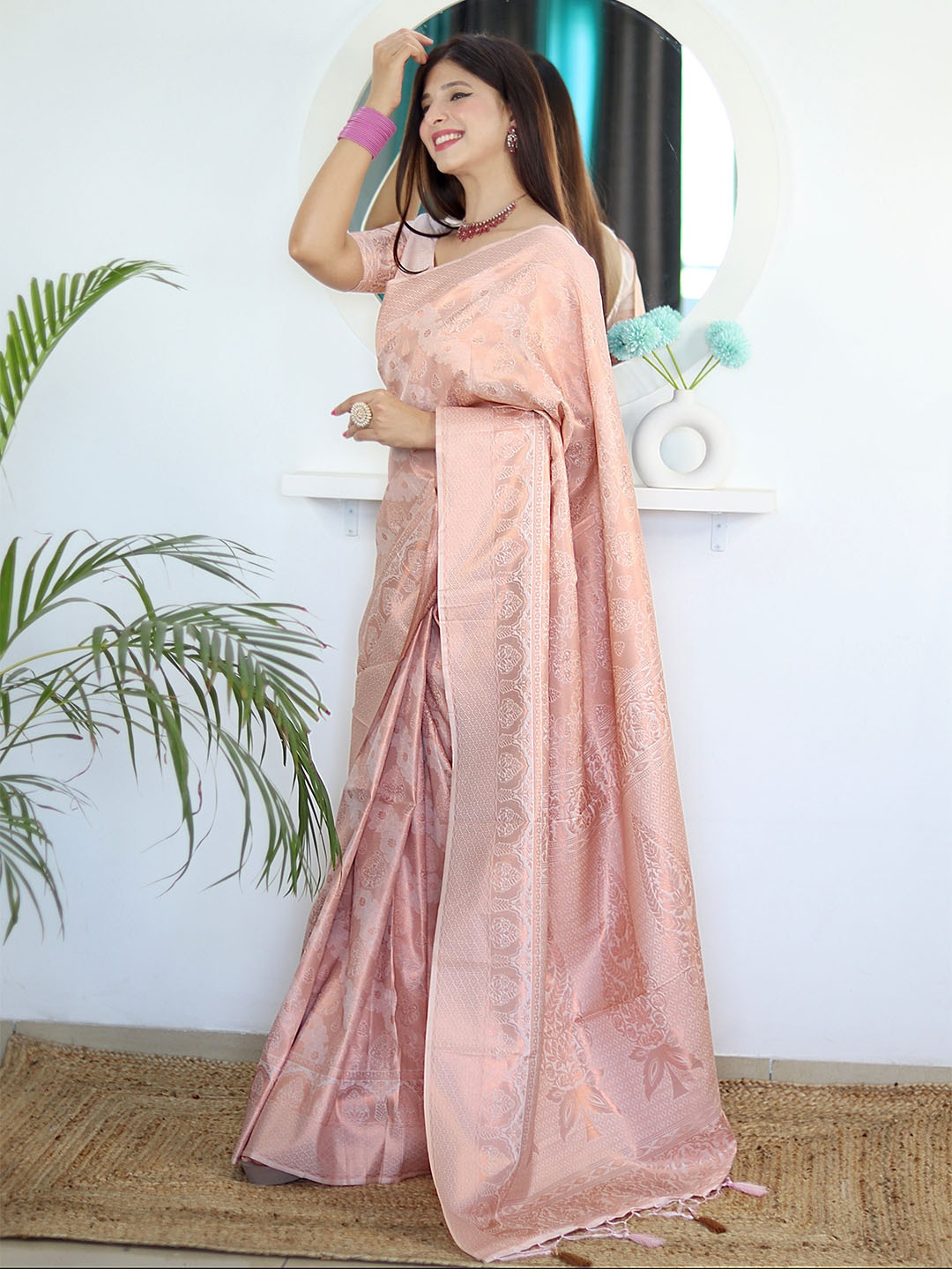

ALMAARI FASHION Floral Woven Design Pure Silk Kanjeevaram Saree, Peach