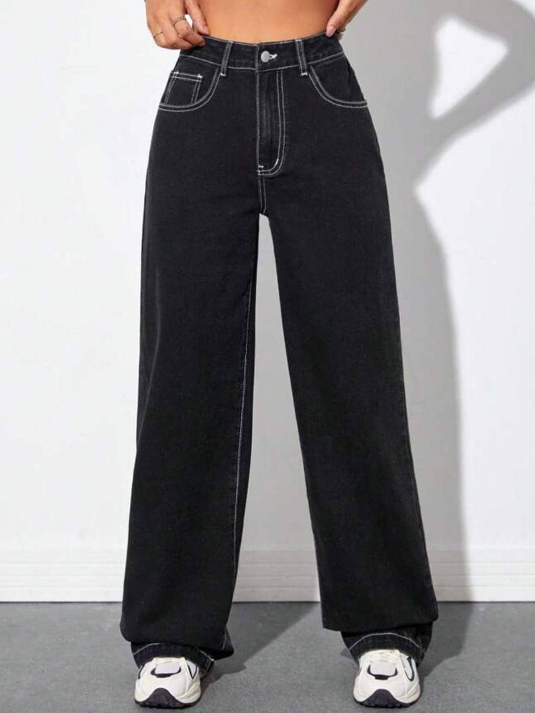 

Next One Women Smart Wide Leg Clean Look High-Rise Cotton Jeans, Black