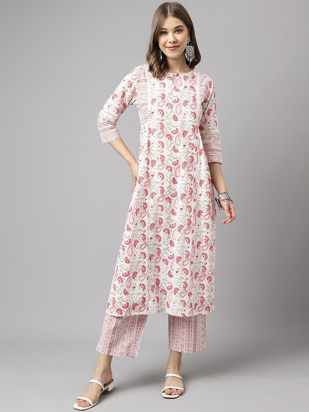 

FIORRA Floral Printed Keyhole Neck Striaght Kurta with Trousers, White