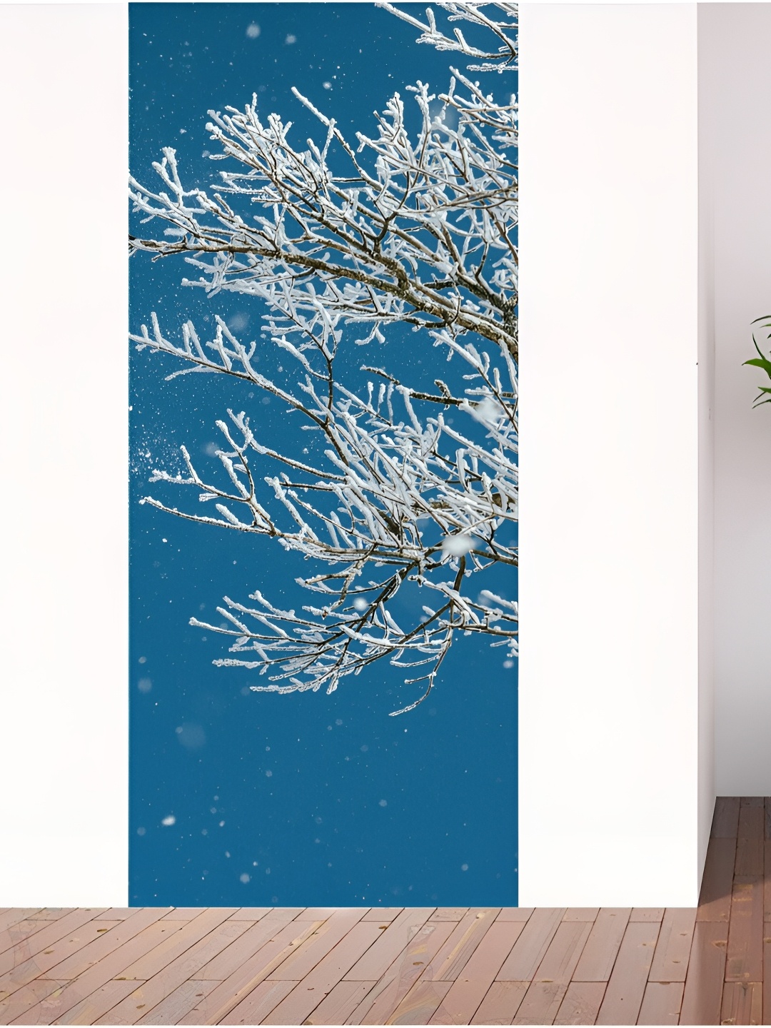 CVANU Blue & White Snowflake With Cover Tree Printed Waterproof Door Sticker