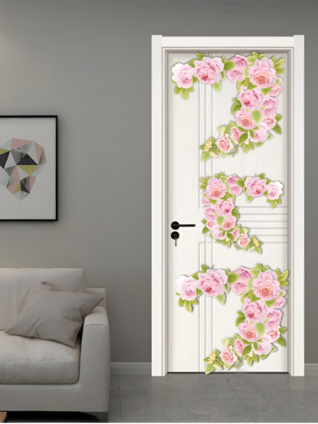 CVANU Pink & Green Floral Self Adhesive Waterproof Door Sticker